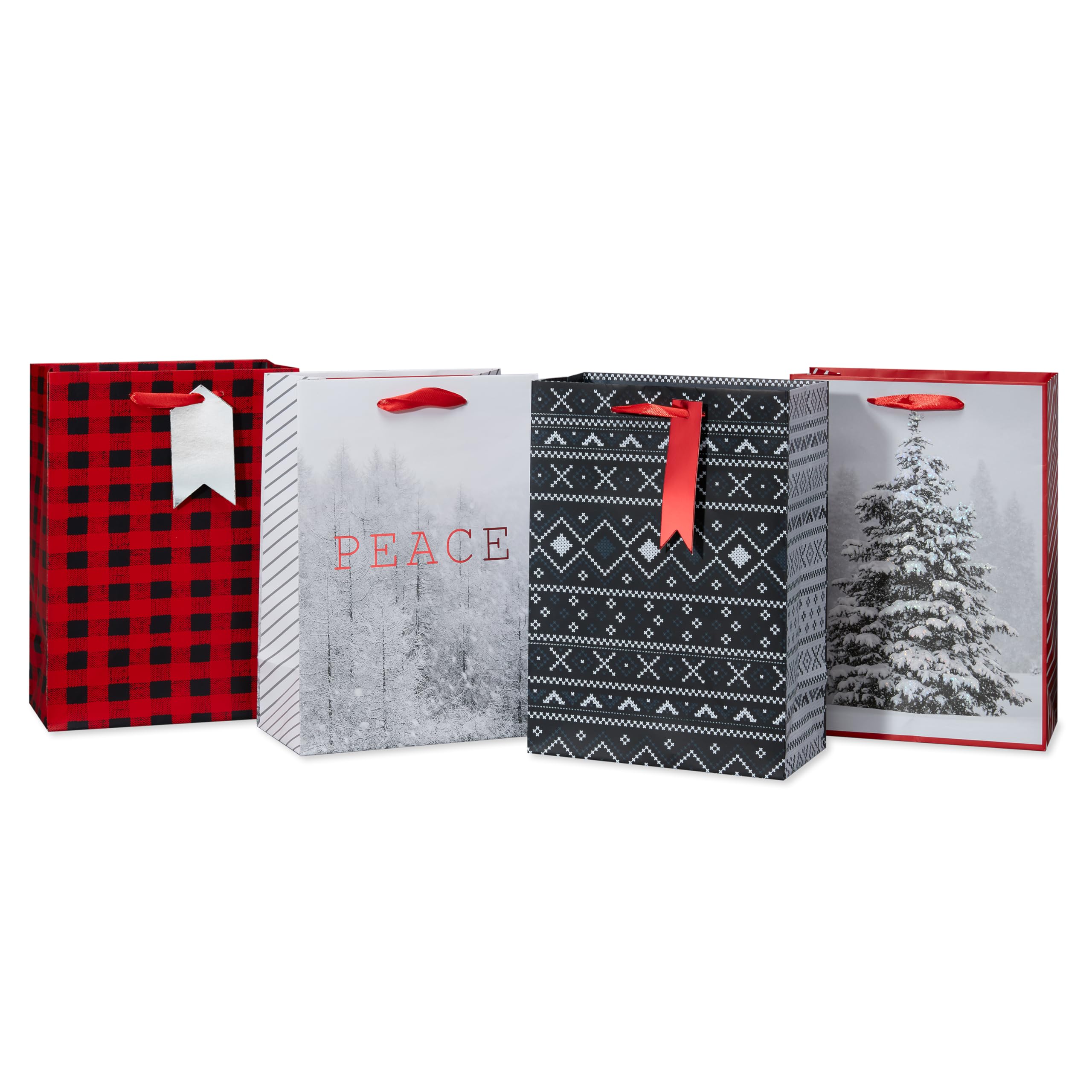 American Greetings 10" Medium Christmas Gift Bags, Sweater Patterns and Snowy Trees (4 Bags)