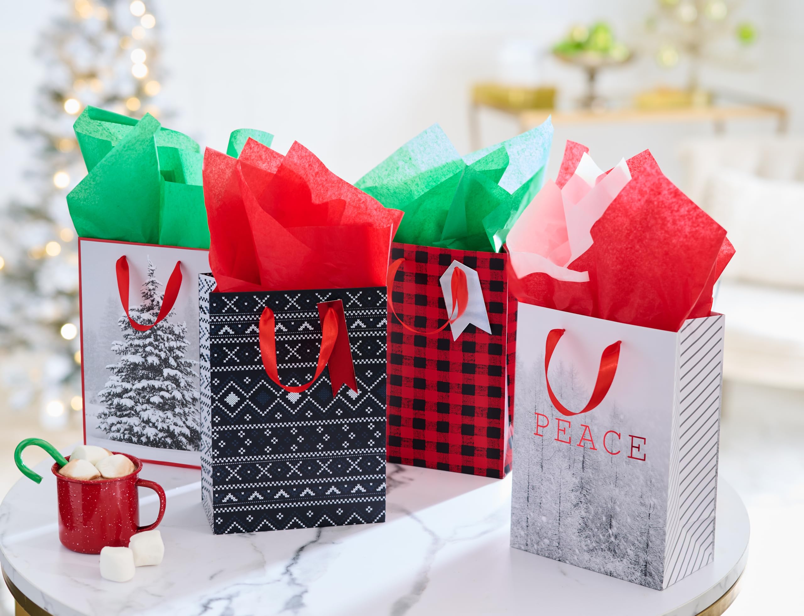 American Greetings 10" Medium Christmas Gift Bags, Sweater Patterns and Snowy Trees (4 Bags) - Image 8