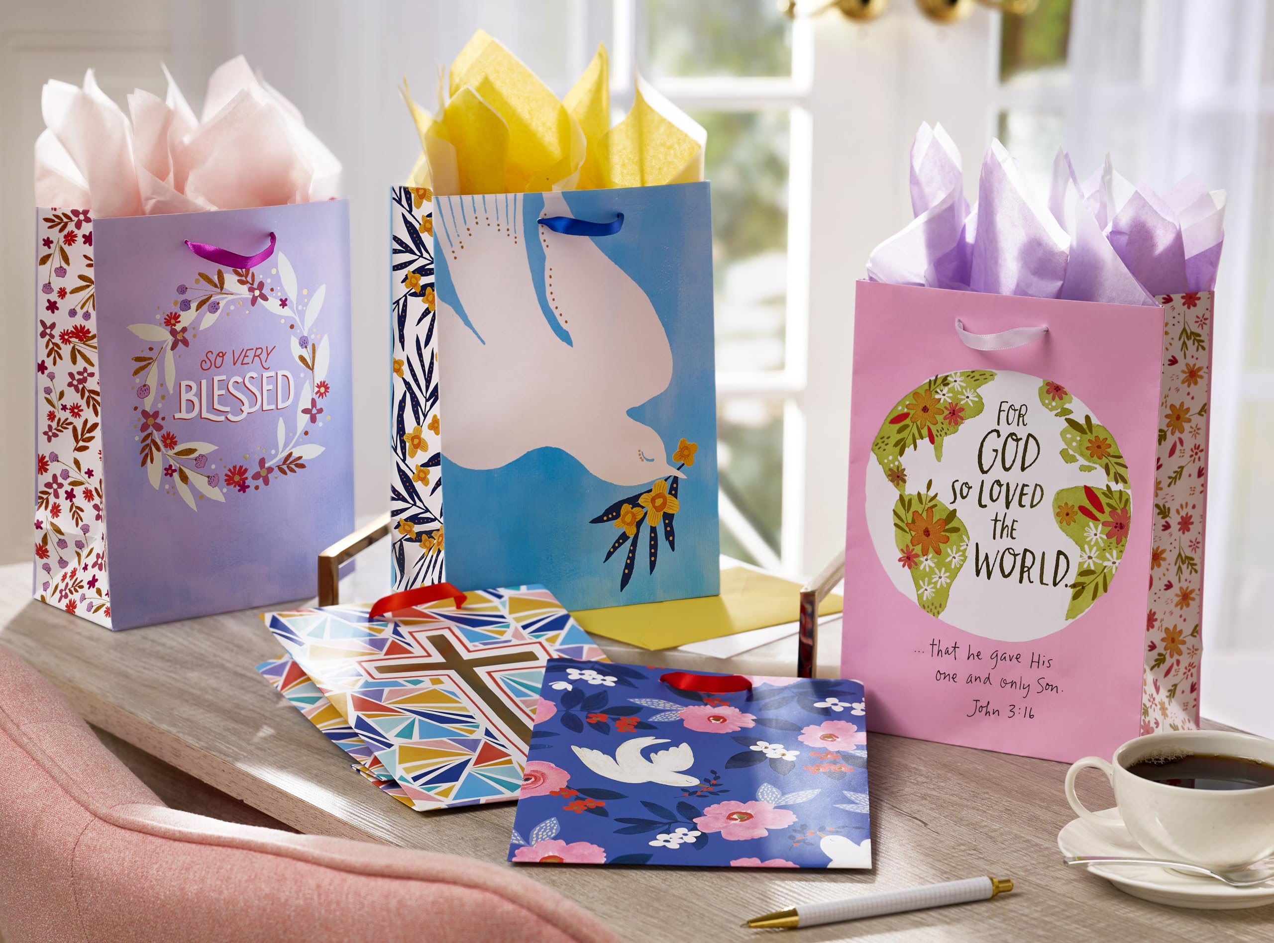 American Greetings 10" Medium Religious Gift Bags (Cross, Bible Verse, Dove) for Baptism, First Holy Communion, Confirmation, Easter, Wedding and Clergy Days - Kathy Davis Designs (5 Bags) - Image 2