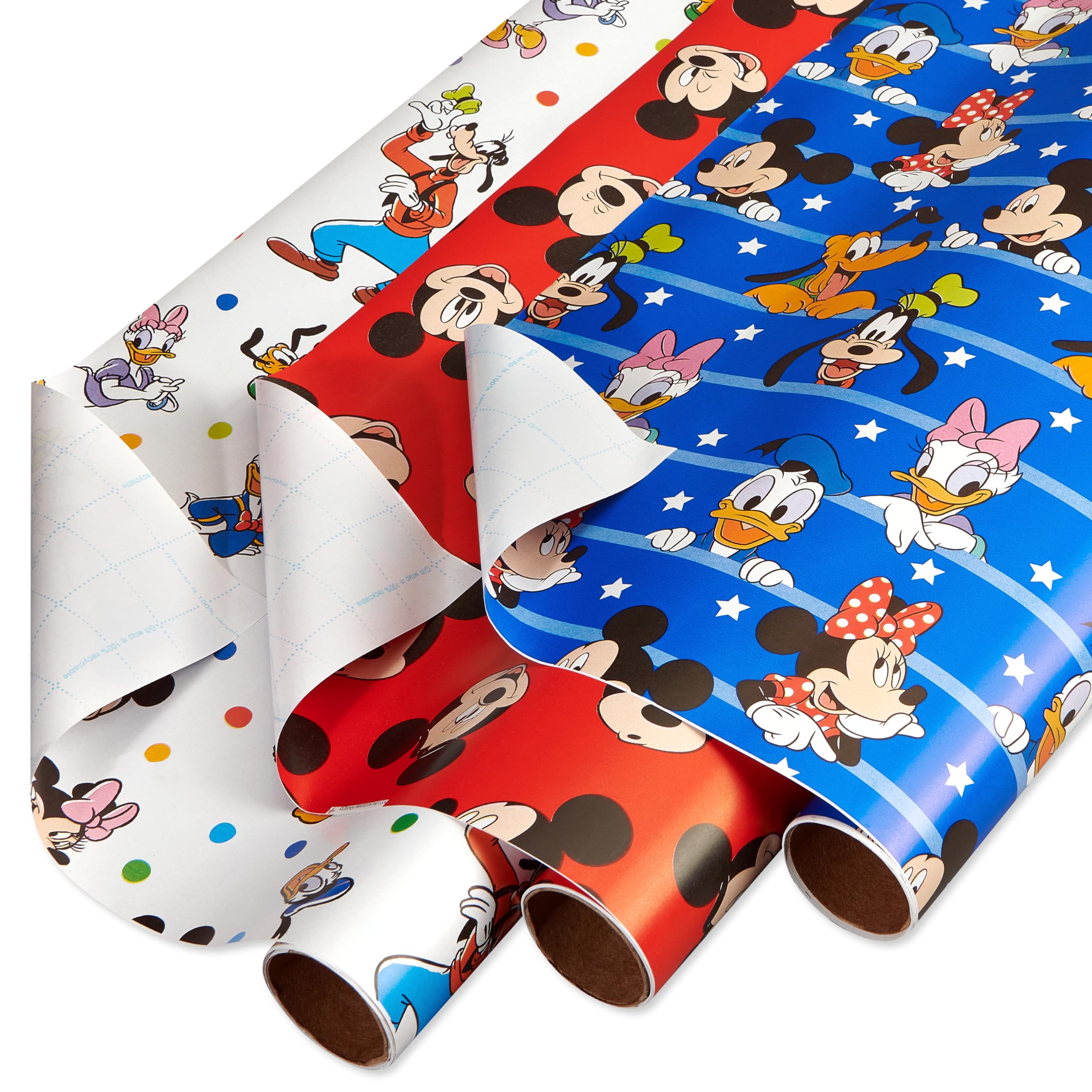 American Greetings 105 sq. ft. Disney Wrapping Paper Set with Gridlines for Kids Birthday, Baby Shower and All Occasions, Mickey Mouse, Minnie Mouse, Pluto and Polka Dots (3 Rolls, 30 in. x 14 ft. each)