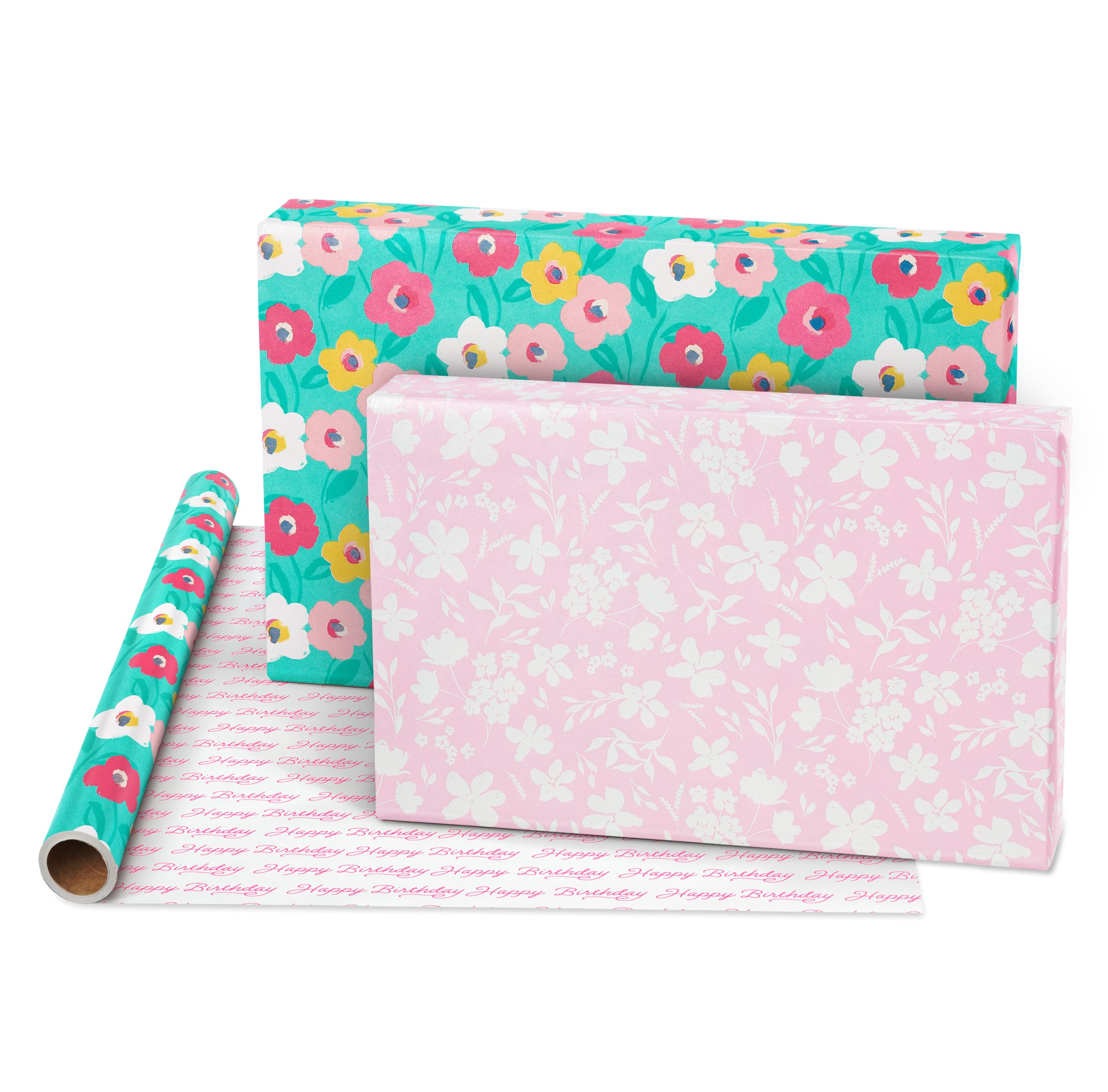 American Greetings 160 sq. ft. Reversible Wrapping Paper Bundle for Birthdays and All Occasions, Floral and Happy Birthday Text (4 Rolls, 30 in. x 16 ft.) - Image 3