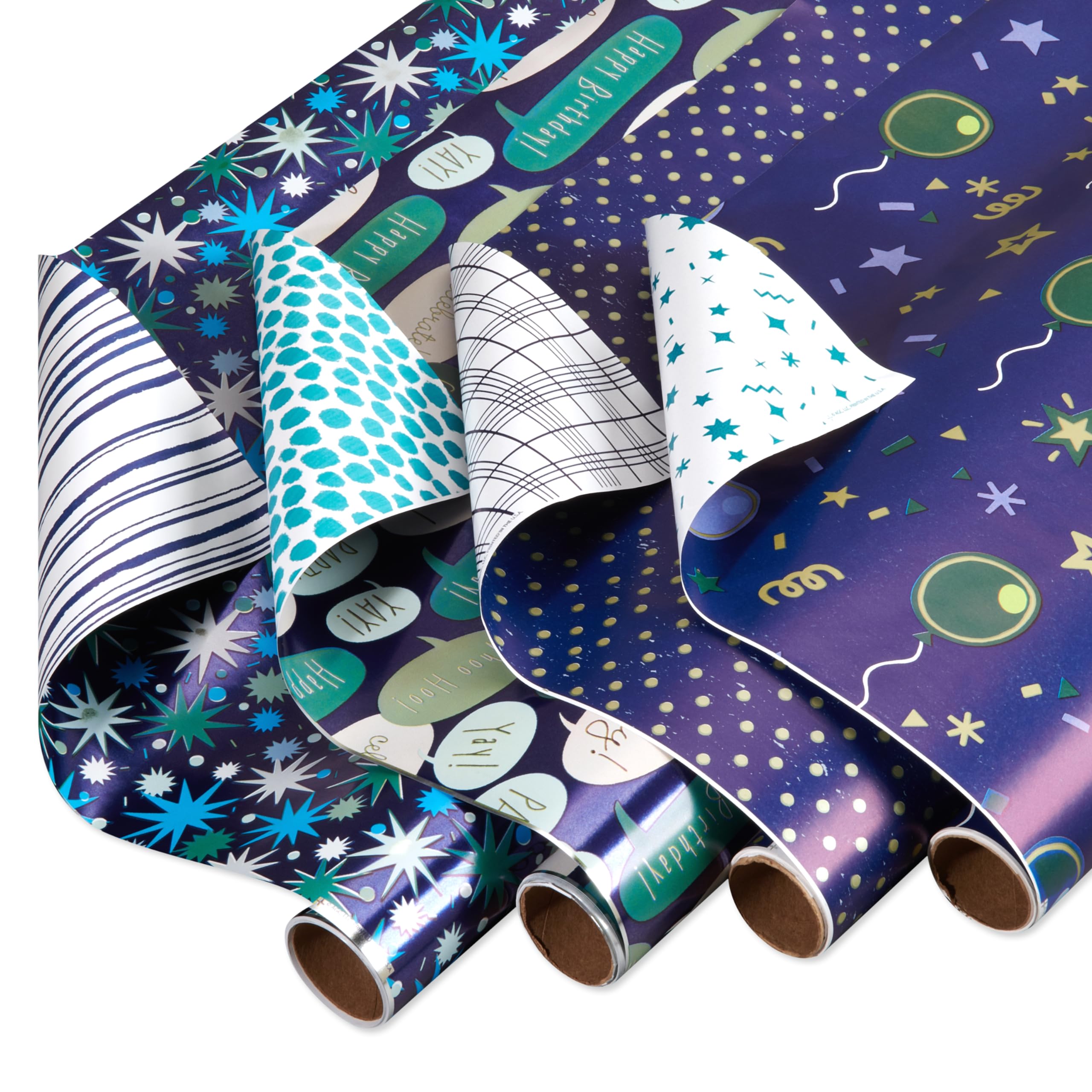 American Greetings 160 sq. ft. Reversible Wrapping Paper Bundle for Birthdays, Baby Showers and All Occasions, Balloons, Blue Polka Dots and Plaid (4 Rolls, 30 in. x 16 ft.)