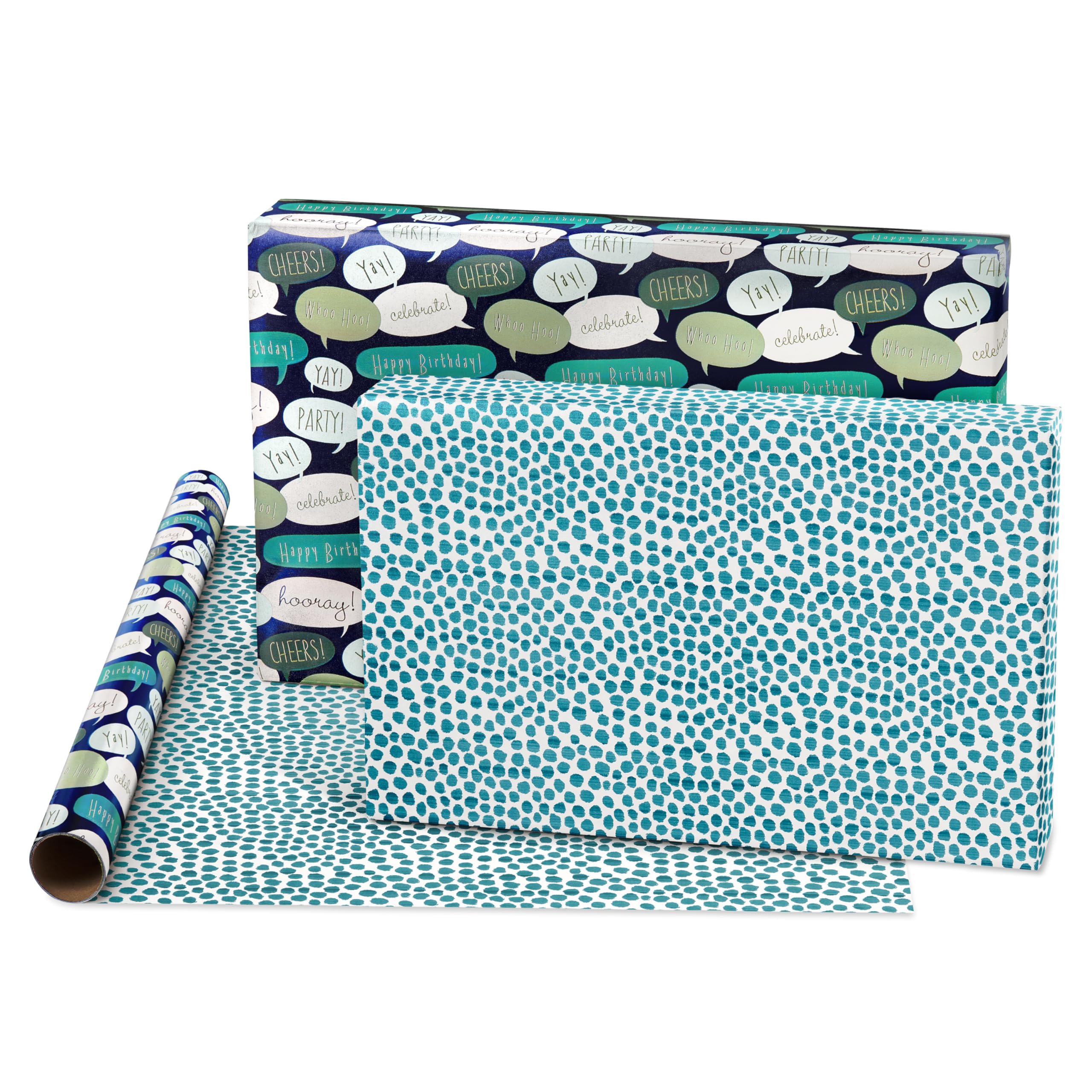 American Greetings 160 sq. ft. Reversible Wrapping Paper Bundle for Birthdays, Baby Showers and All Occasions, Balloons, Blue Polka Dots and Plaid (4 Rolls, 30 in. x 16 ft.) - Image 3