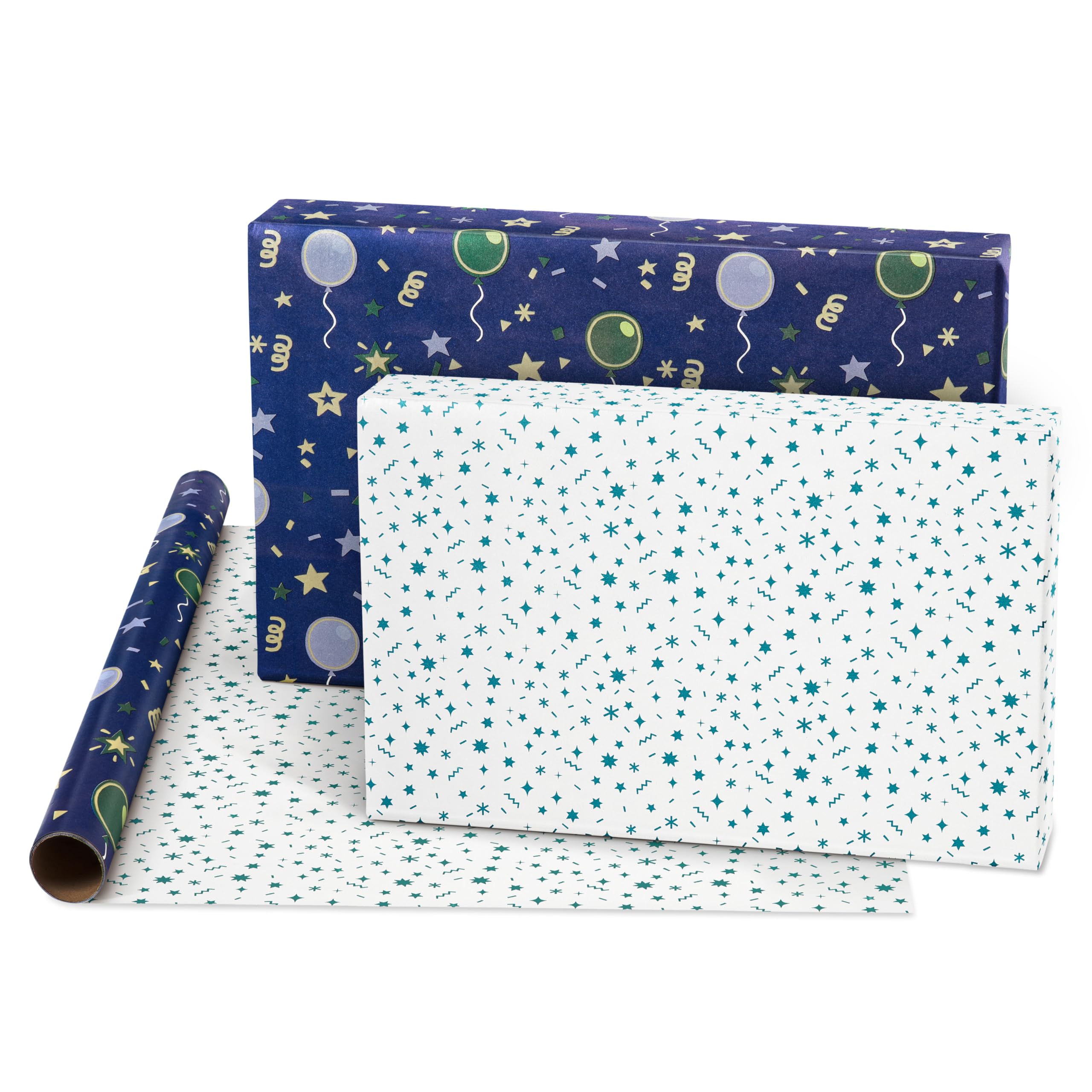 American Greetings 160 sq. ft. Reversible Wrapping Paper Bundle for Birthdays, Baby Showers and All Occasions, Balloons, Blue Polka Dots and Plaid (4 Rolls, 30 in. x 16 ft.) - Image 5