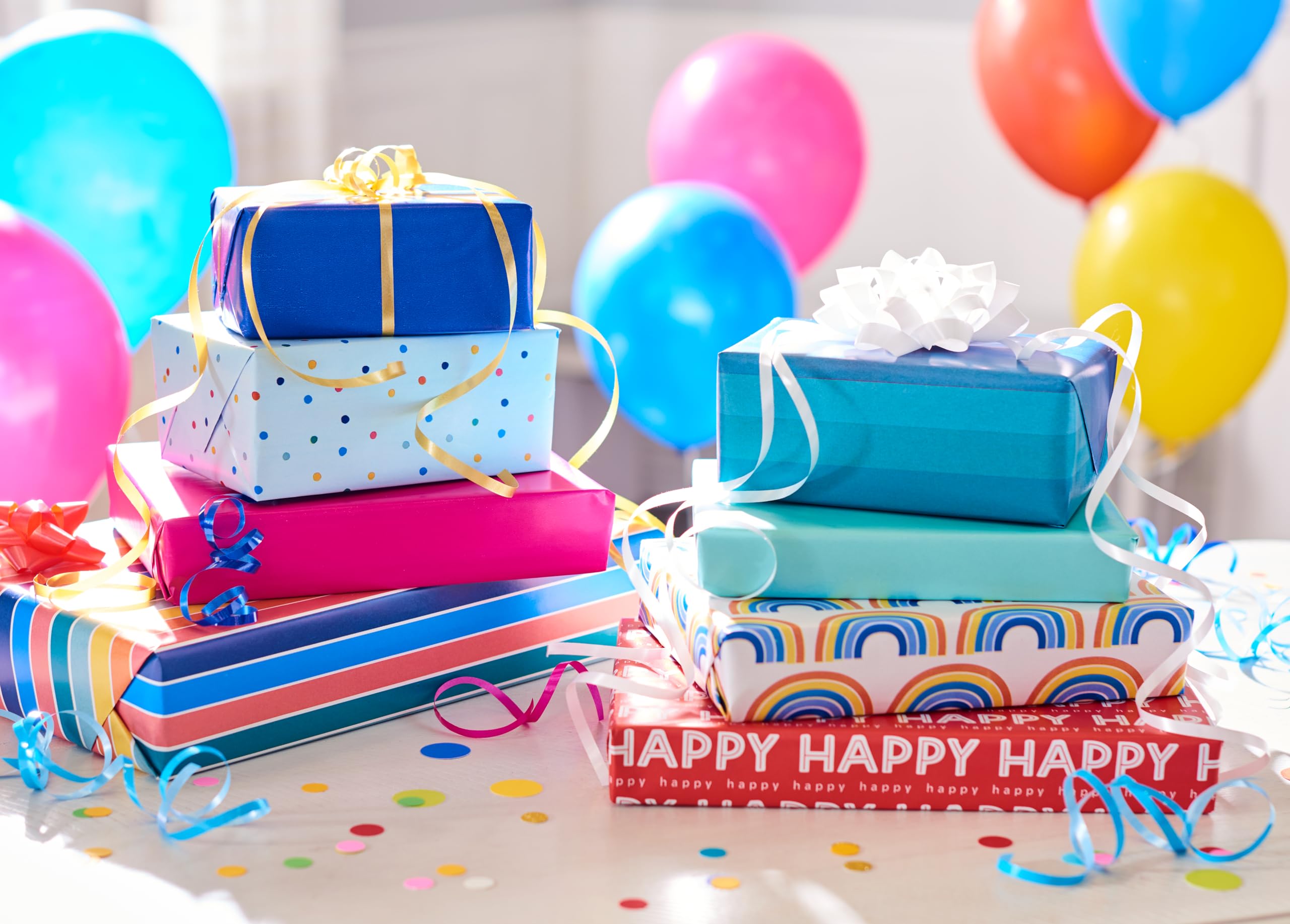 American Greetings 160 sq. ft. Reversible Wrapping Paper Set for Birthdays and All Occasions, Rainbow, Polka Dots, Stripes and Ombre (4 Rolls, 30 in. x 16 ft. each) - Image 8