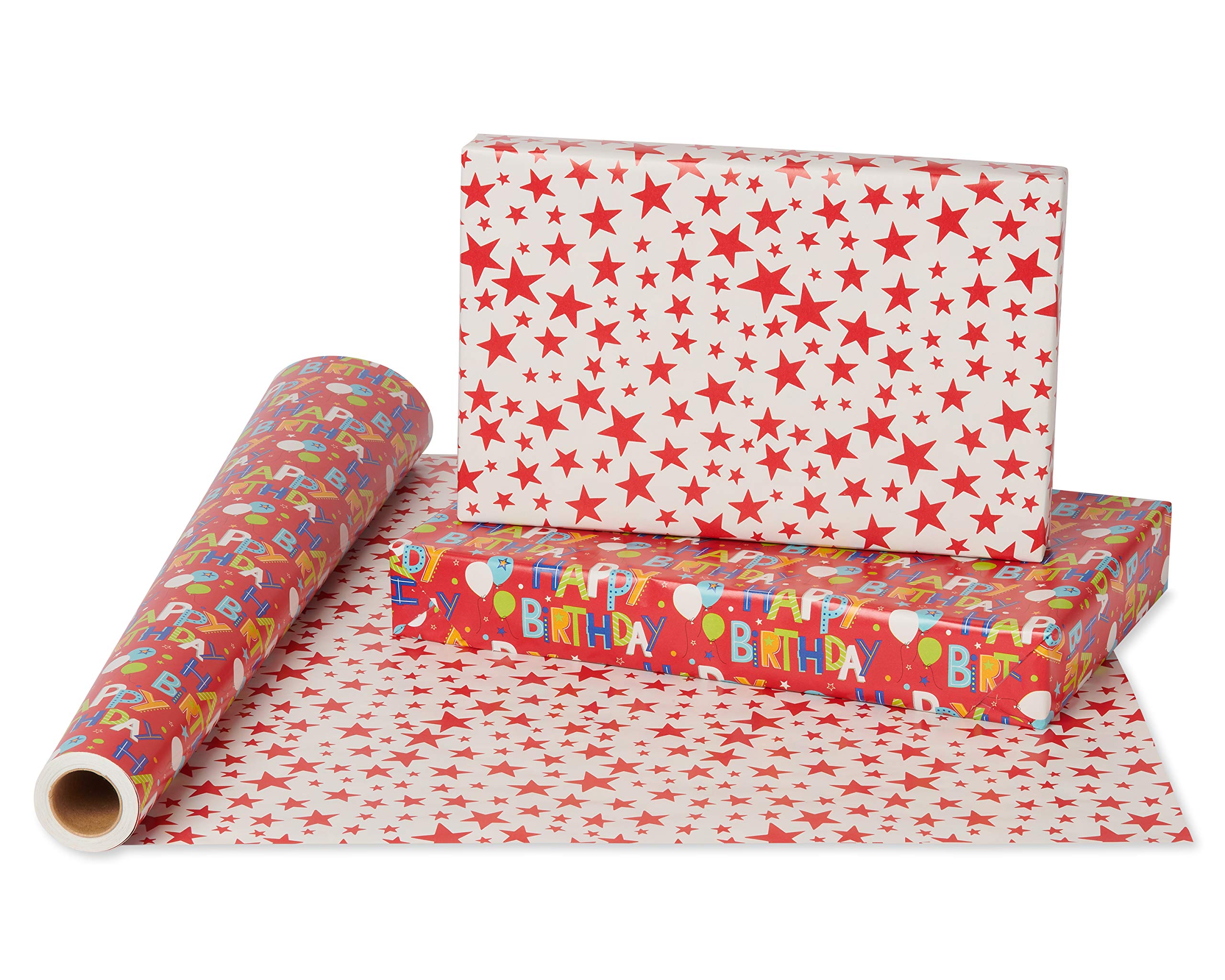 American Greetings 175 sq. ft. Reversible Wrapping Paper, for Birthdays, Happy Birthday Lettering and Stars (1 Jumbo Roll, 30 in. x 70 ft.) - Image 2