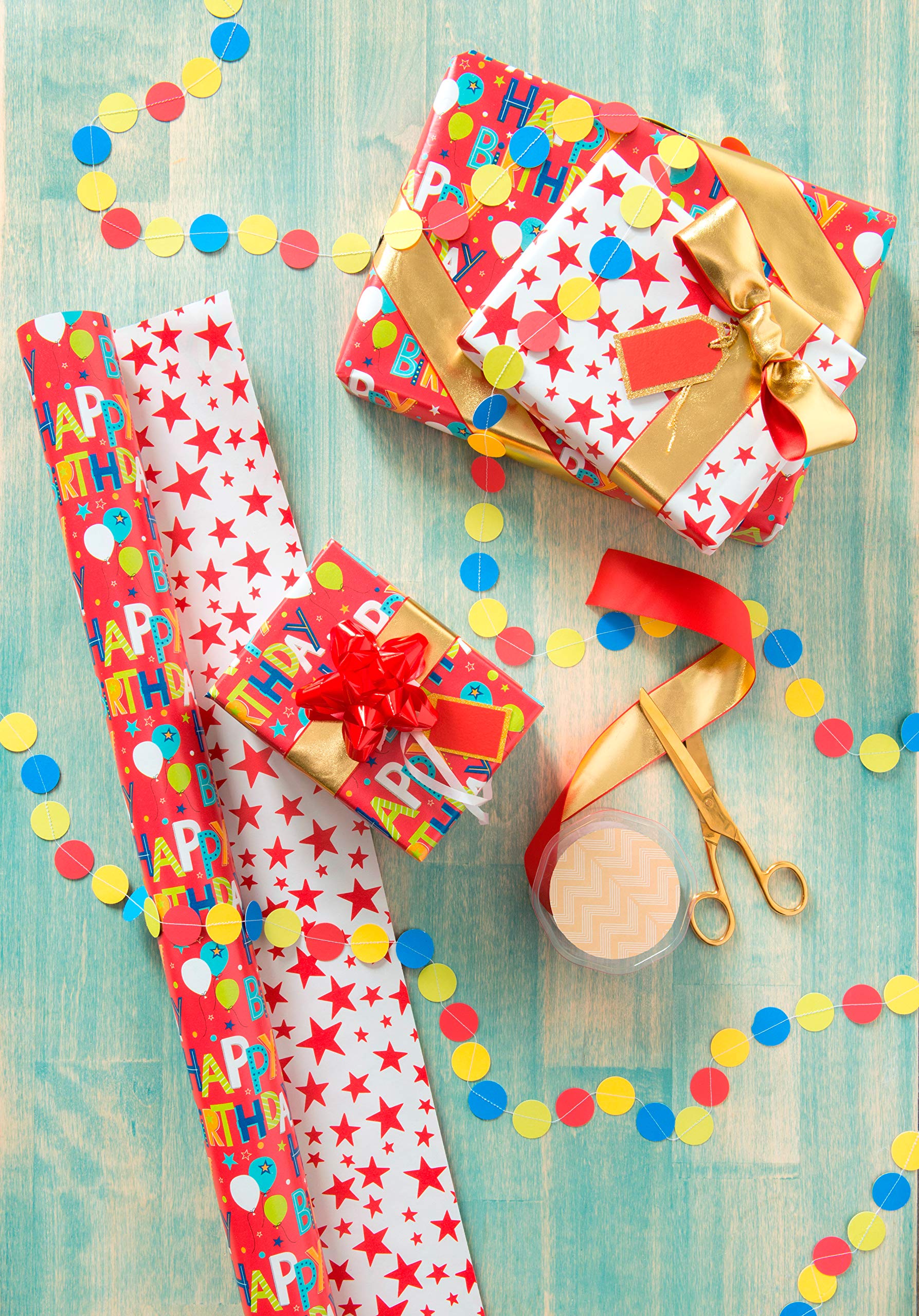American Greetings 175 sq. ft. Reversible Wrapping Paper, for Birthdays, Happy Birthday Lettering and Stars (1 Jumbo Roll, 30 in. x 70 ft.) - Image 4