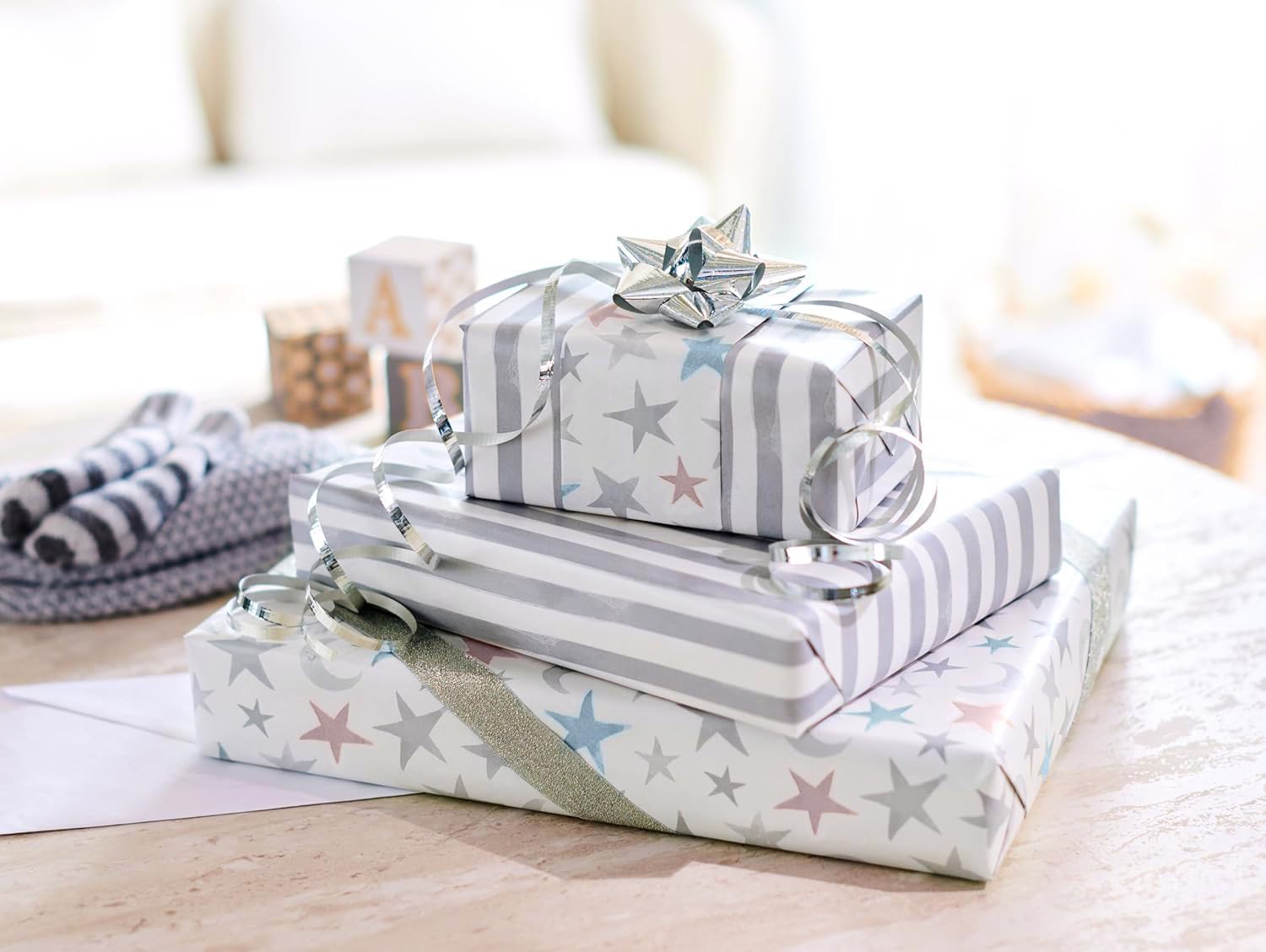 American Greetings 175 sq. ft. Reversible Wrapping Paper for Baby Showers, Kid's Birthdays and All Occasions, Moon and Stars (1 Roll, 30 in x 70 ft.) - Image 6