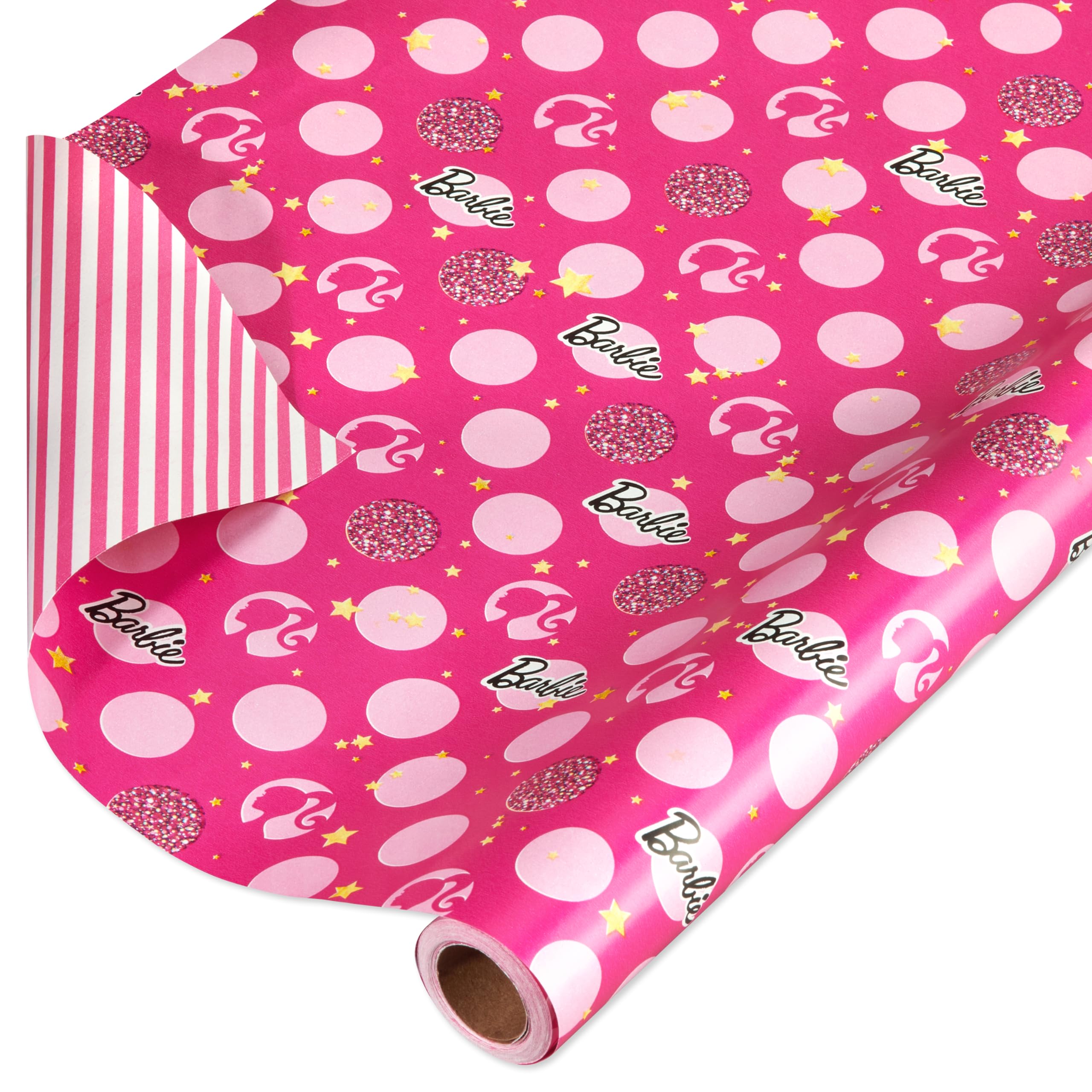 American Greetings 75 sq. ft. Reversible Barbie Wrapping Paper for Birthdays and All Occasions, Stars, Polka Dots and Stripes (1 Roll, 30 in. x 30 ft.)