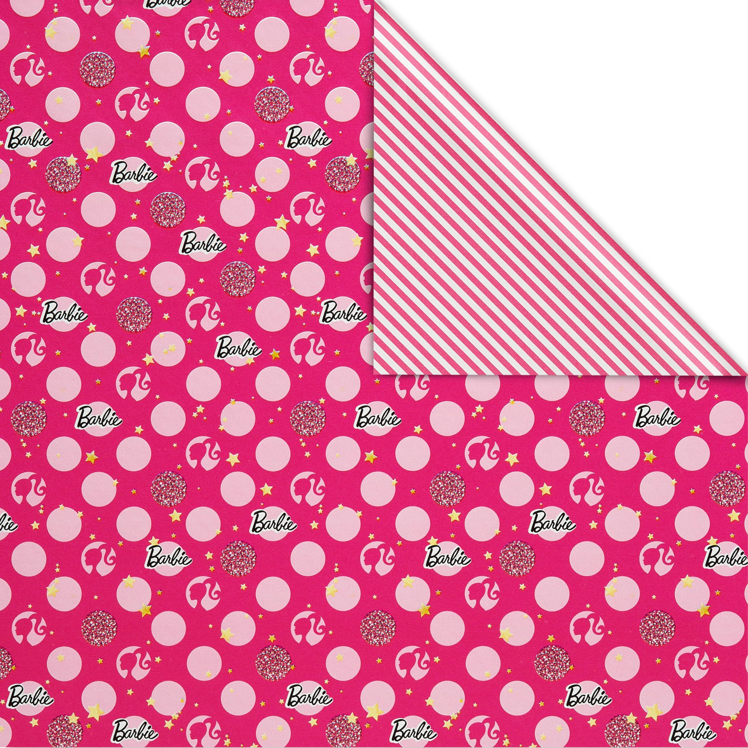 American Greetings 75 sq. ft. Reversible Barbie Wrapping Paper for Birthdays and All Occasions, Stars, Polka Dots and Stripes (1 Roll, 30 in. x 30 ft.) - Image 2
