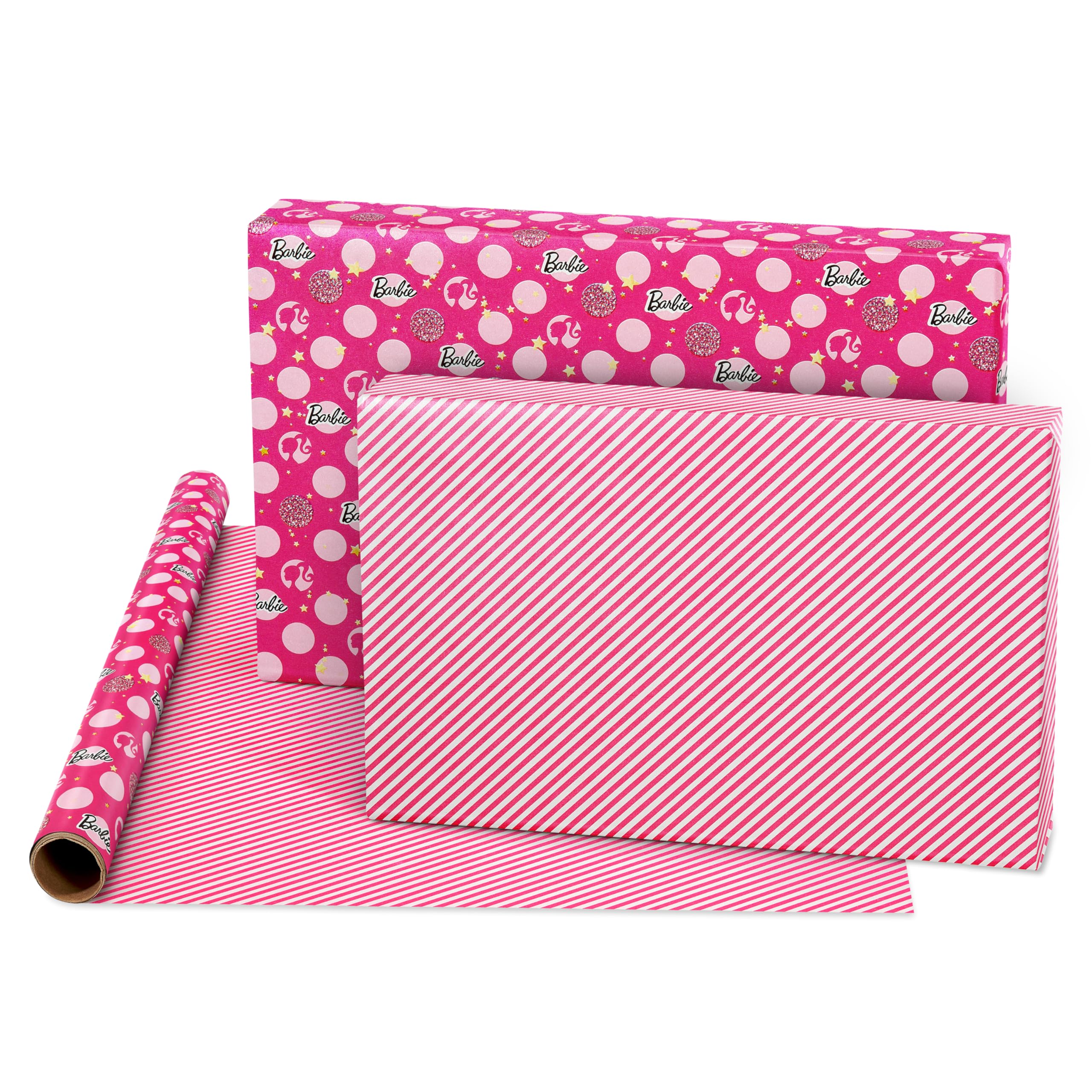 American Greetings 75 sq. ft. Reversible Barbie Wrapping Paper for Birthdays and All Occasions, Stars, Polka Dots and Stripes (1 Roll, 30 in. x 30 ft.) - Image 3