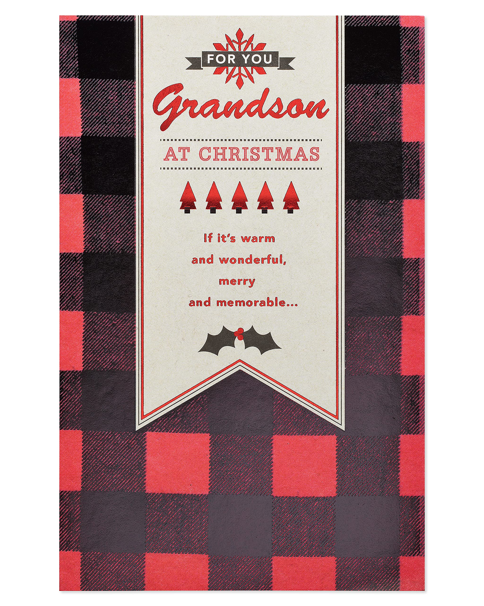 American Greetings Christmas Card for Grandson, Red and Black Buffalo Plaid Holiday Greeting for Grandchild (Merry and Memorable) - Image 4