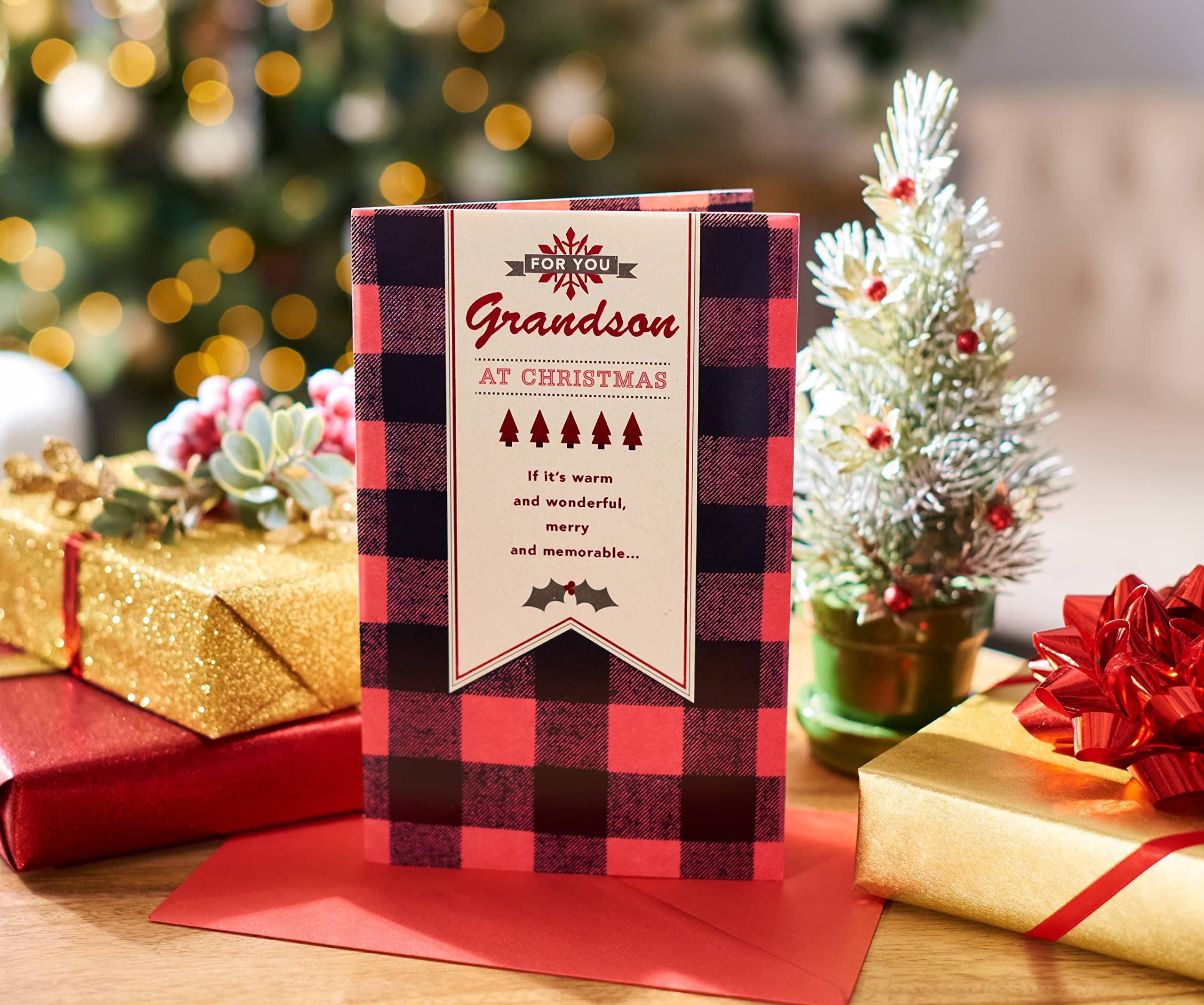 American Greetings Christmas Card for Grandson, Red and Black Buffalo Plaid Holiday Greeting for Grandchild (Merry and Memorable) - Image 6