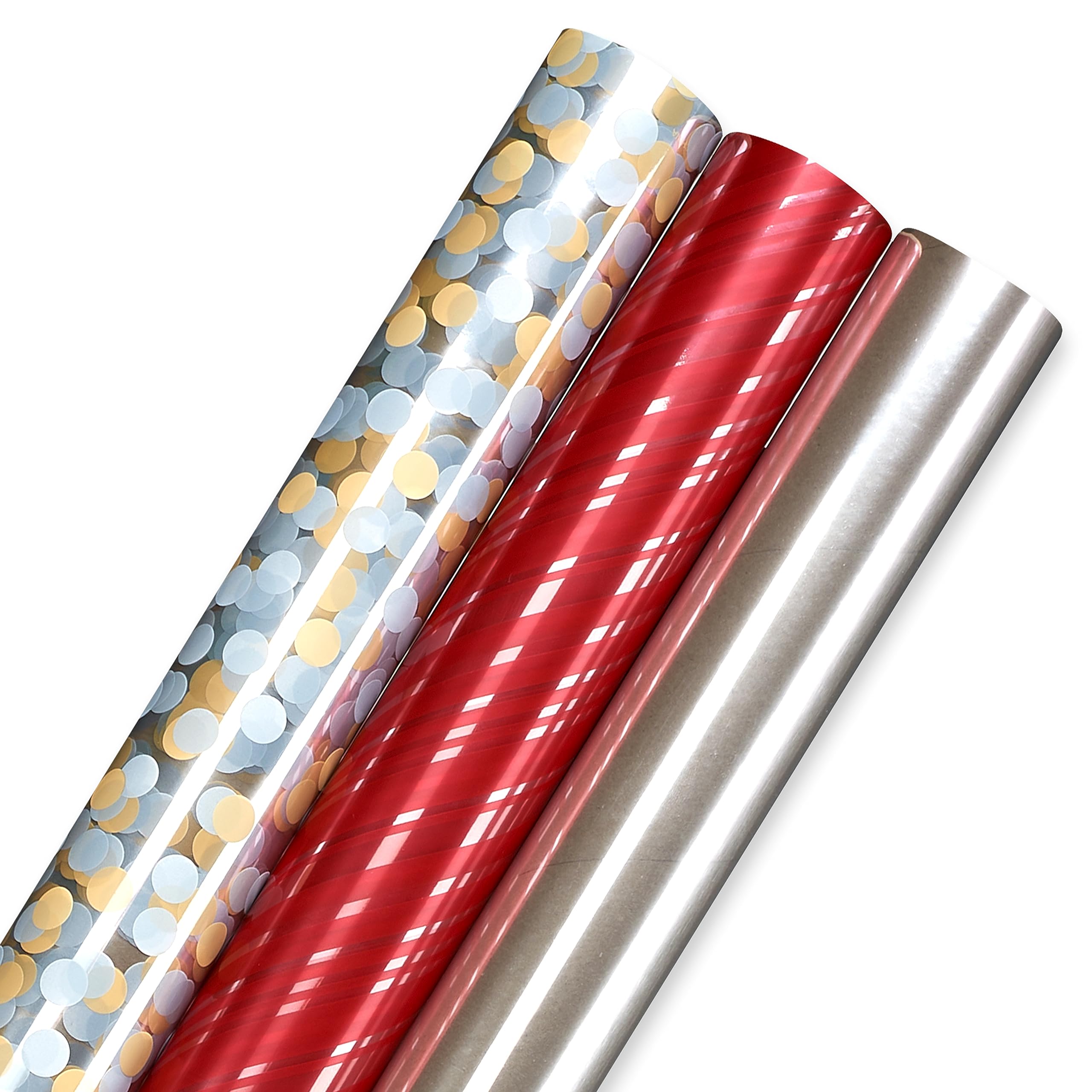American Greetings Christmas Cellophane Wrap Rolls for Cookie Trays, Gift Baskets, or Presents, Plastic Gift Wrap Film (75 sq. ft., 3 Rolls-30 in. x 10 ft.) Clear, Red Stripes, Silver Gold Polka Dots - Image 5