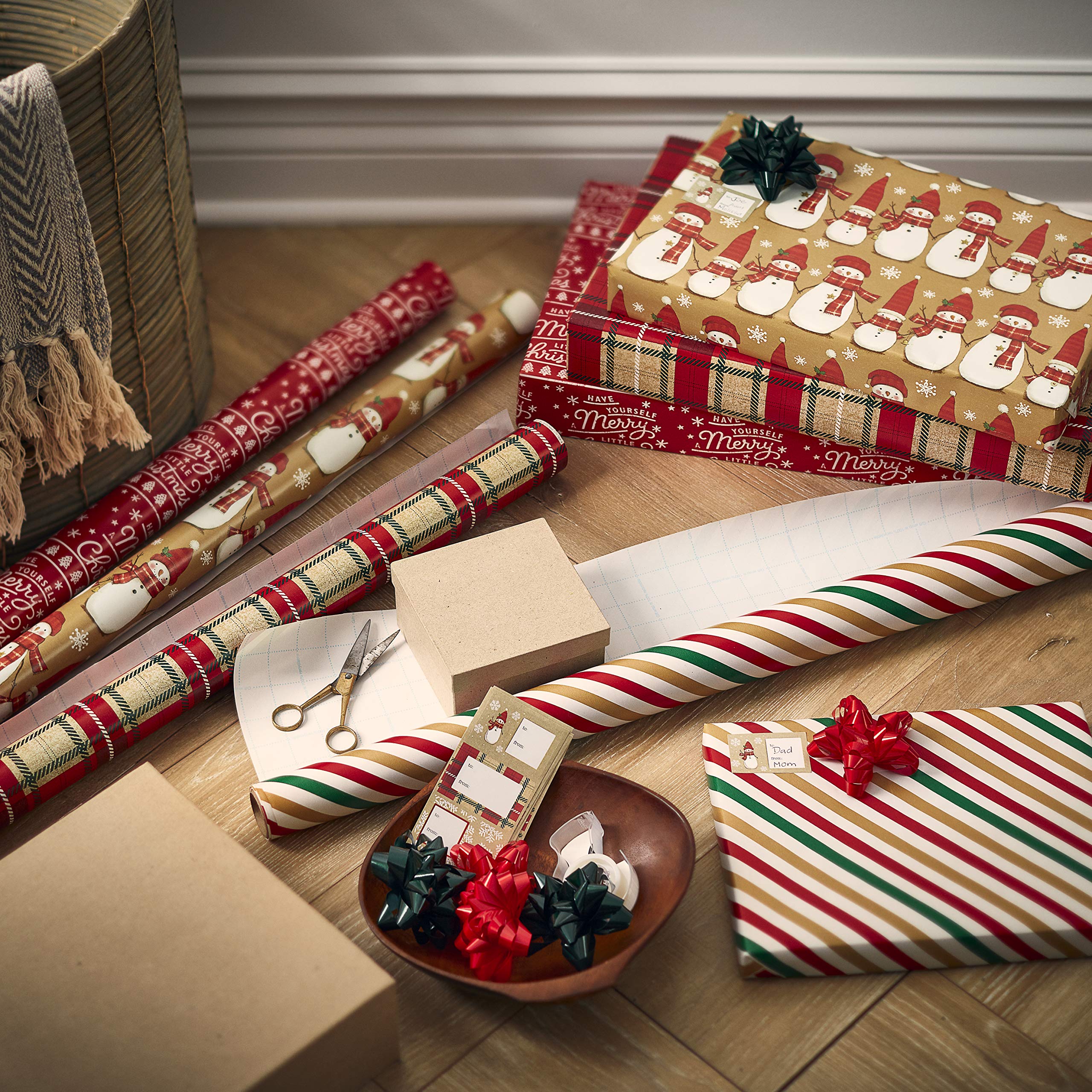 American Greetings Christmas Wrapping Paper Set, Red and Tan Brown Holiday Gift Wrap (120 sq. ft., 4 rolls-30 in. x 12 ft., 7 Adhesive Bows, 30 Gift Tag Stickers) Plaid, Stripes, and Snowmen - Image 10