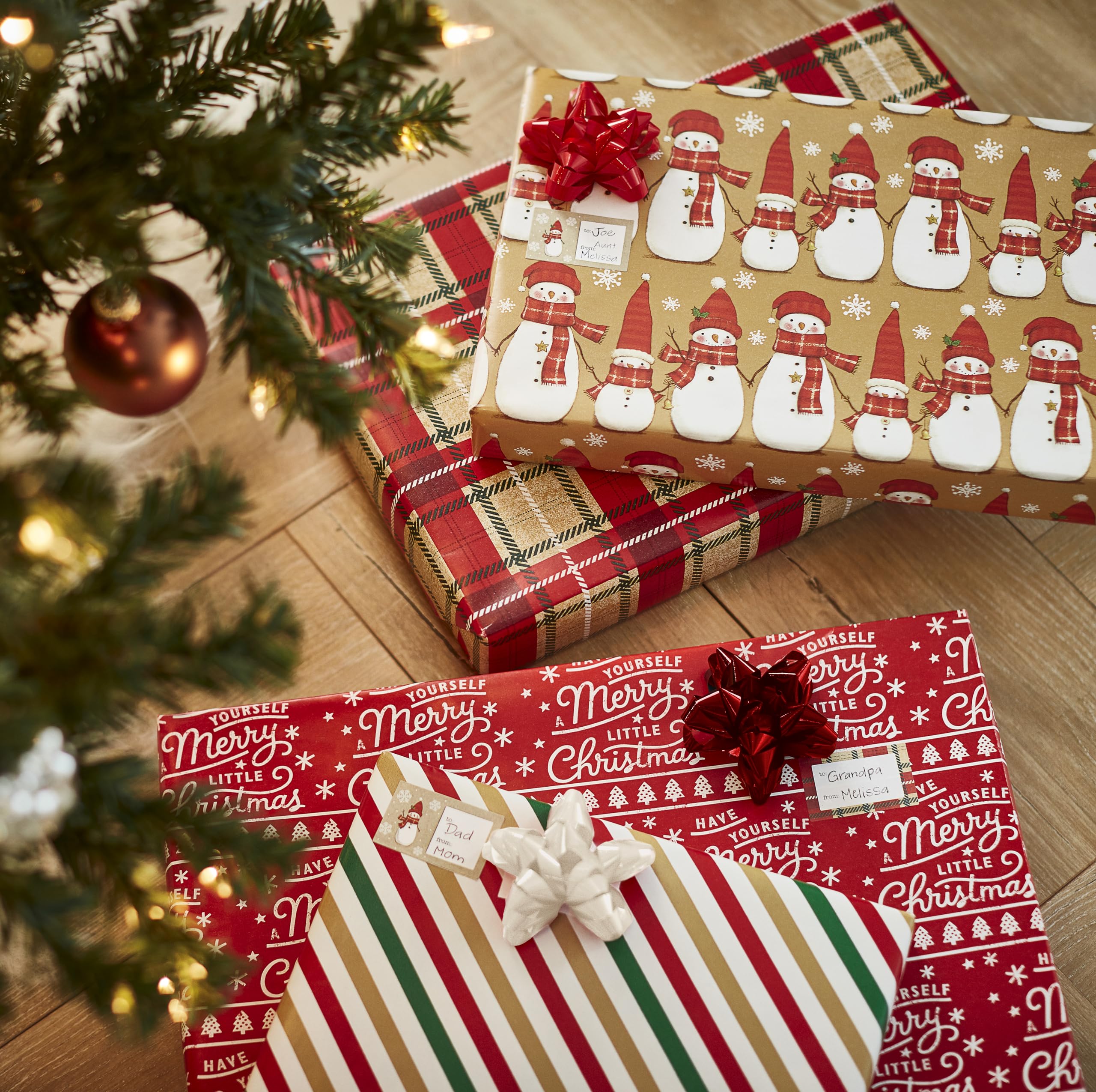 American Greetings Christmas Wrapping Paper Set, Red and Tan Brown Holiday Gift Wrap (120 sq. ft., 4 rolls-30 in. x 12 ft., 7 Adhesive Bows, 30 Gift Tag Stickers) Plaid, Stripes, and Snowmen - Image 11