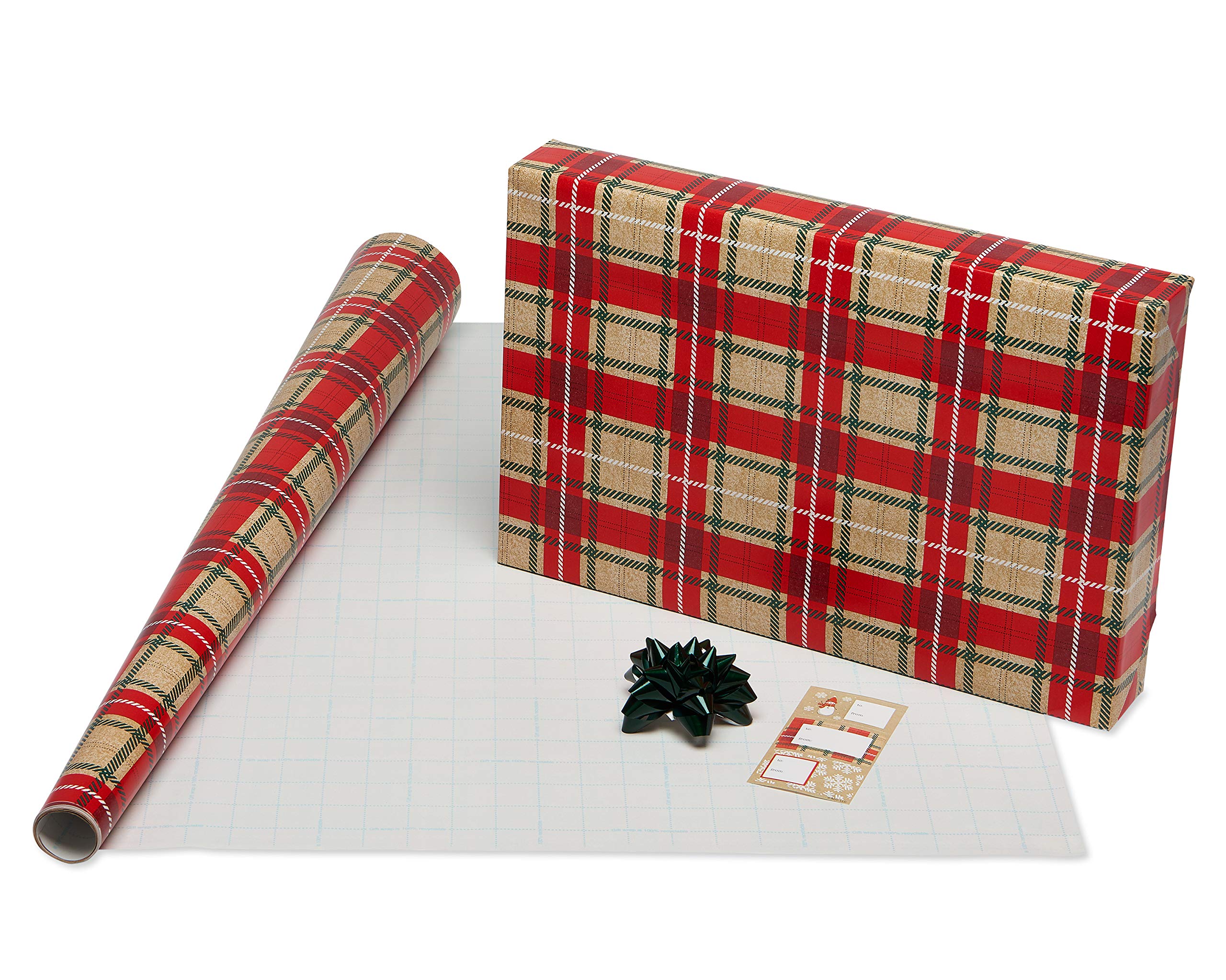 American Greetings Christmas Wrapping Paper Set, Red and Tan Brown Holiday Gift Wrap (120 sq. ft., 4 rolls-30 in. x 12 ft., 7 Adhesive Bows, 30 Gift Tag Stickers) Plaid, Stripes, and Snowmen - Image 3