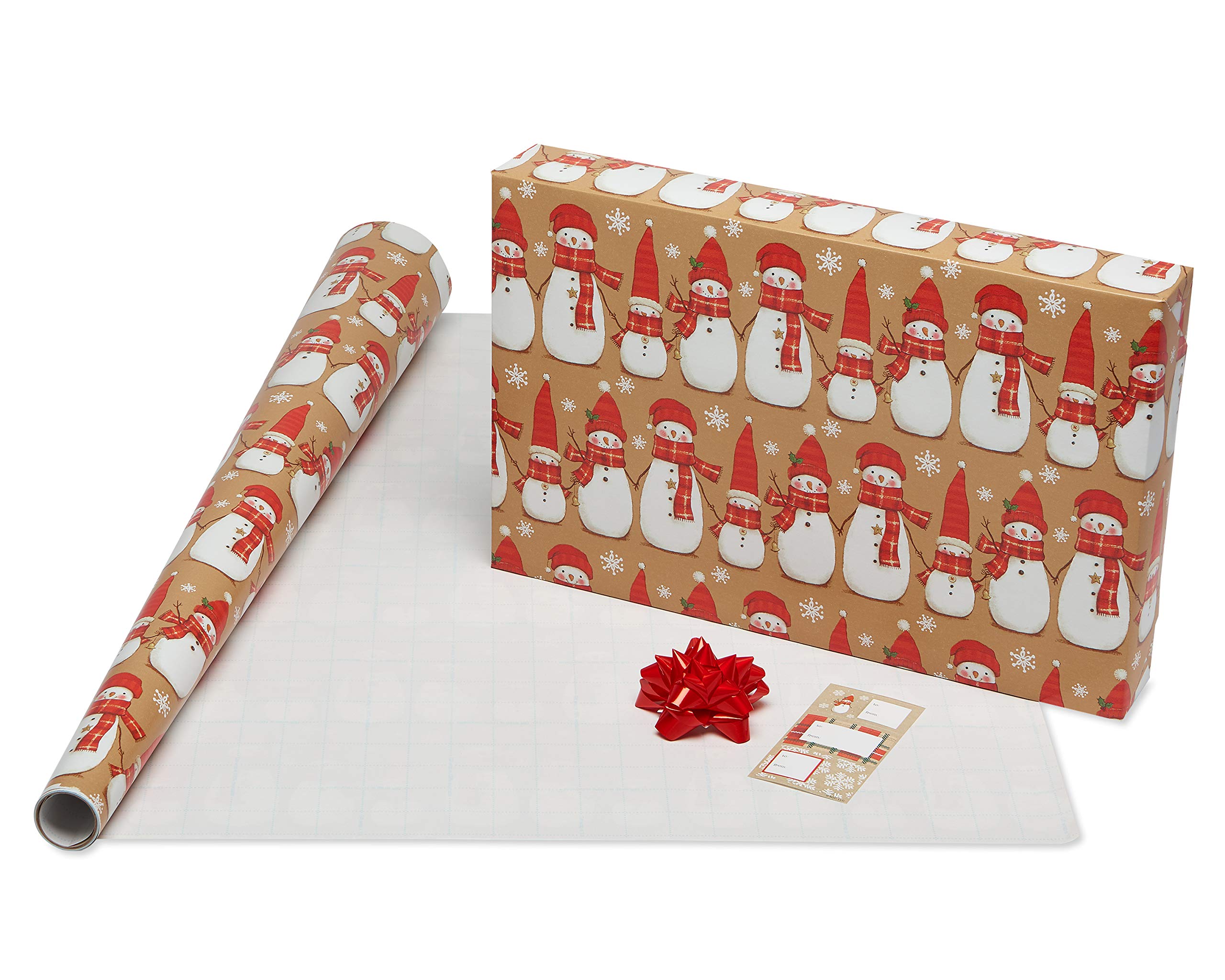 American Greetings Christmas Wrapping Paper Set, Red and Tan Brown Holiday Gift Wrap (120 sq. ft., 4 rolls-30 in. x 12 ft., 7 Adhesive Bows, 30 Gift Tag Stickers) Plaid, Stripes, and Snowmen - Image 4