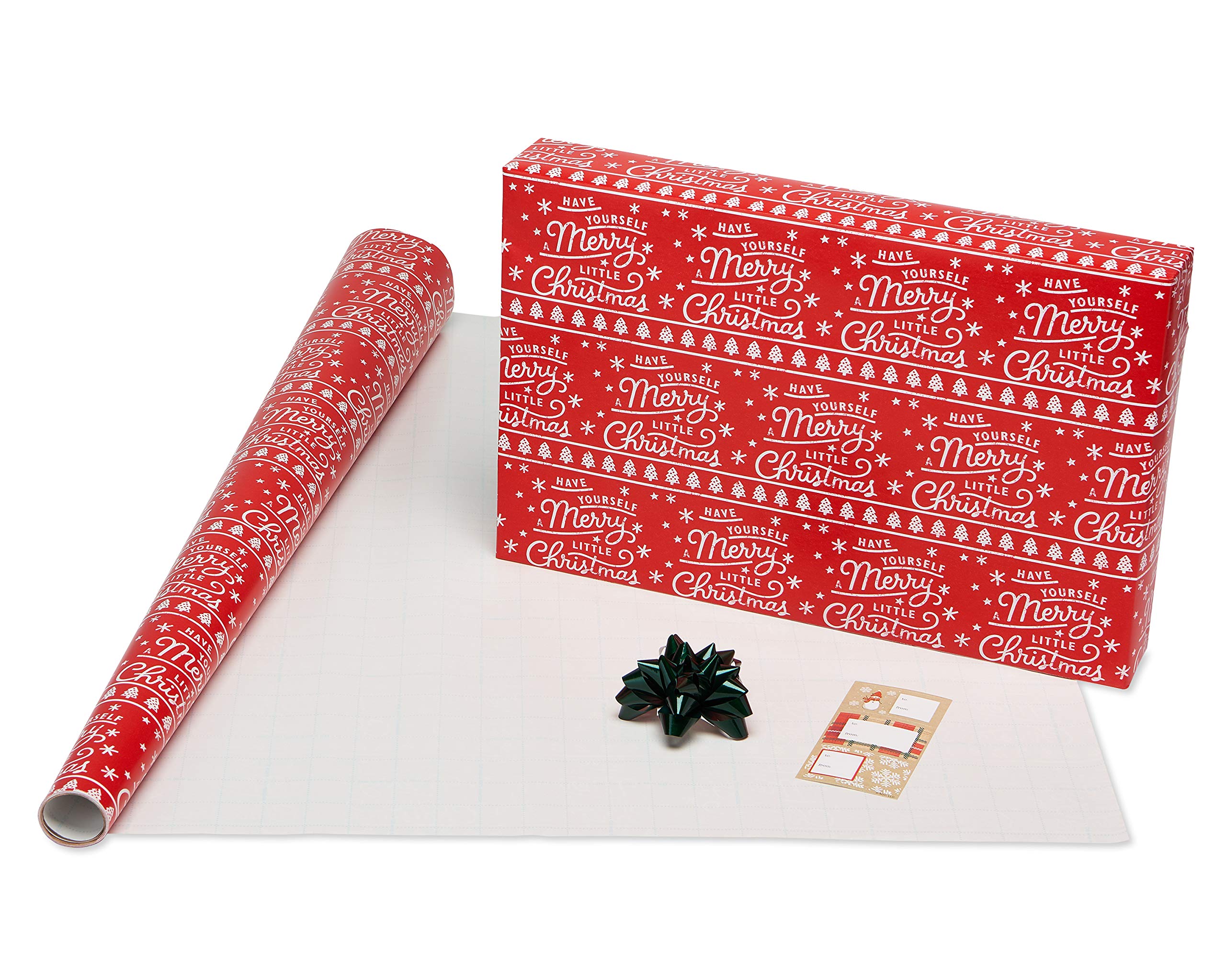 American Greetings Christmas Wrapping Paper Set, Red and Tan Brown Holiday Gift Wrap (120 sq. ft., 4 rolls-30 in. x 12 ft., 7 Adhesive Bows, 30 Gift Tag Stickers) Plaid, Stripes, and Snowmen - Image 5
