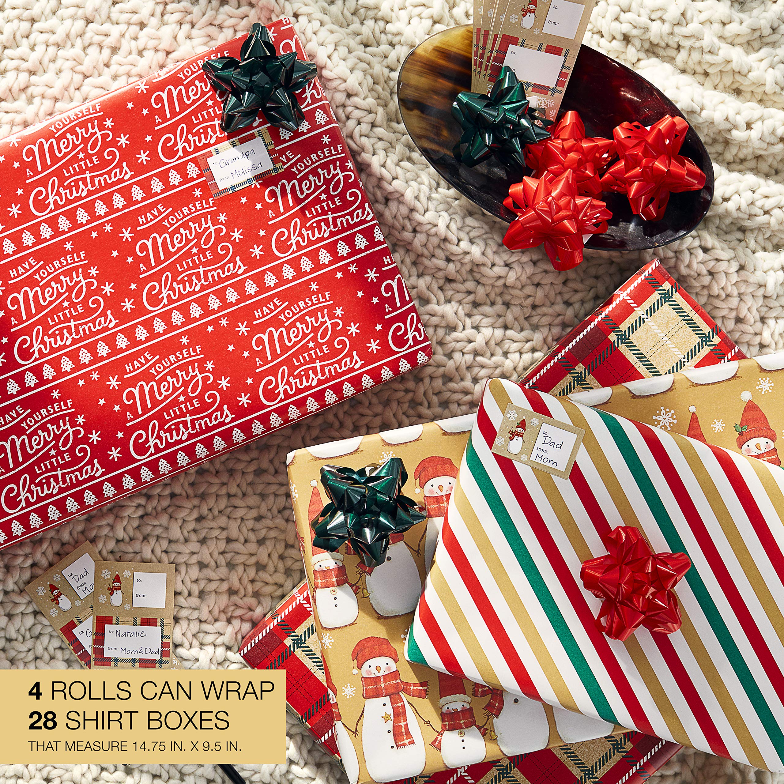 American Greetings Christmas Wrapping Paper Set, Red and Tan Brown Holiday Gift Wrap (120 sq. ft., 4 rolls-30 in. x 12 ft., 7 Adhesive Bows, 30 Gift Tag Stickers) Plaid, Stripes, and Snowmen - Image 6