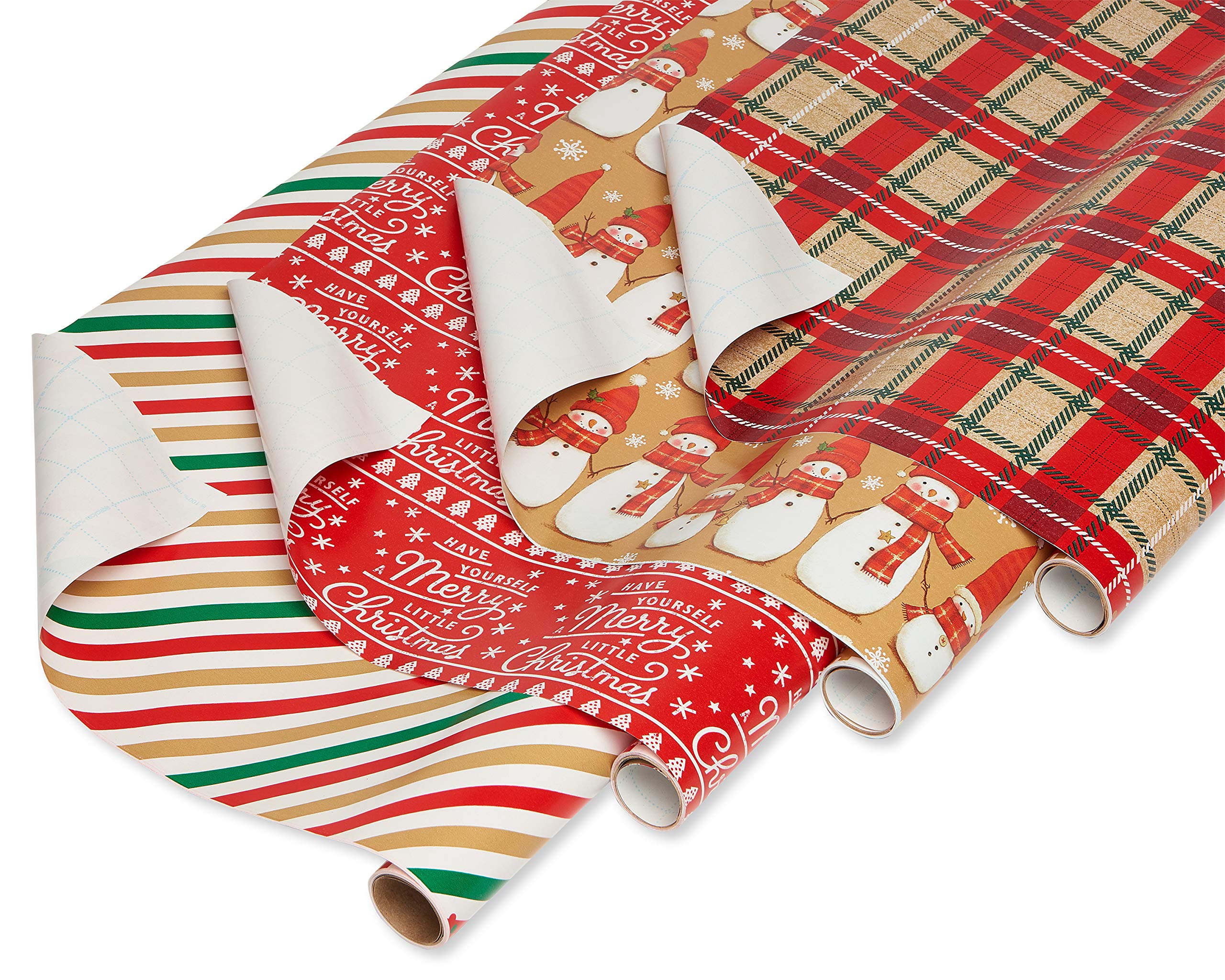 American Greetings Christmas Wrapping Paper Set, Red and Tan Brown Holiday Gift Wrap (120 sq. ft., 4 rolls-30 in. x 12 ft., 7 Adhesive Bows, 30 Gift Tag Stickers) Plaid, Stripes, and Snowmen - Image 7