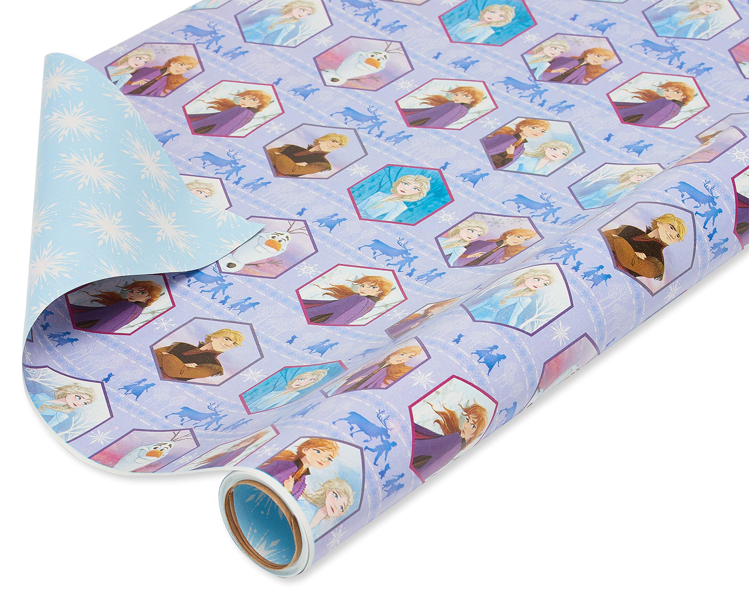 American Greetings Disney Frozen Wrapping Paper Roll for Christmas, Birthdays, or Any Occasion, Elsa and Anna Holiday Gift Wrap (75 sq. ft., 1 Reversible Roll) Light Blue and Purple, Olaf, Kristoff