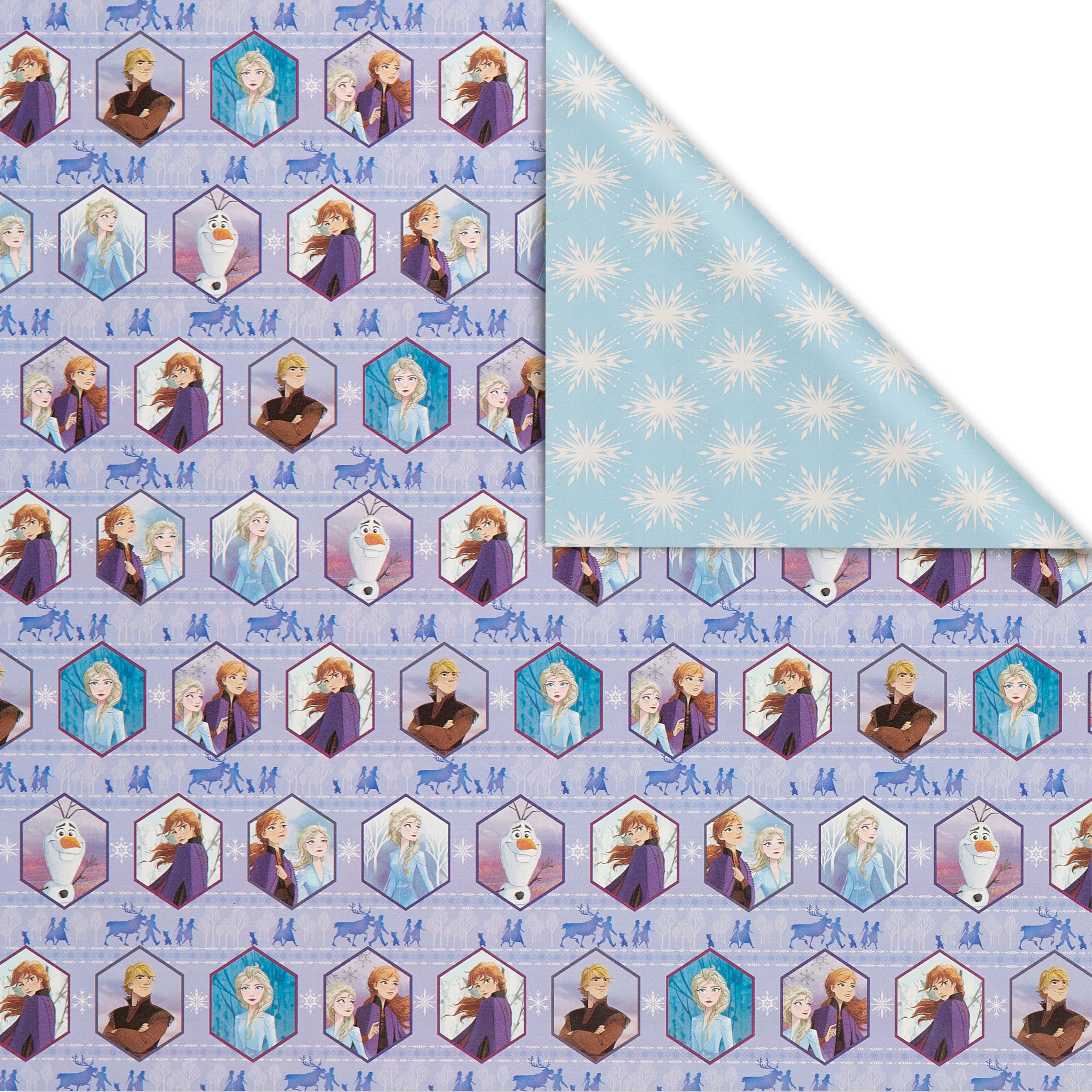 American Greetings Disney Frozen Wrapping Paper Roll for Christmas, Birthdays, or Any Occasion, Elsa and Anna Holiday Gift Wrap (75 sq. ft., 1 Reversible Roll) Light Blue and Purple, Olaf, Kristoff - Image 2