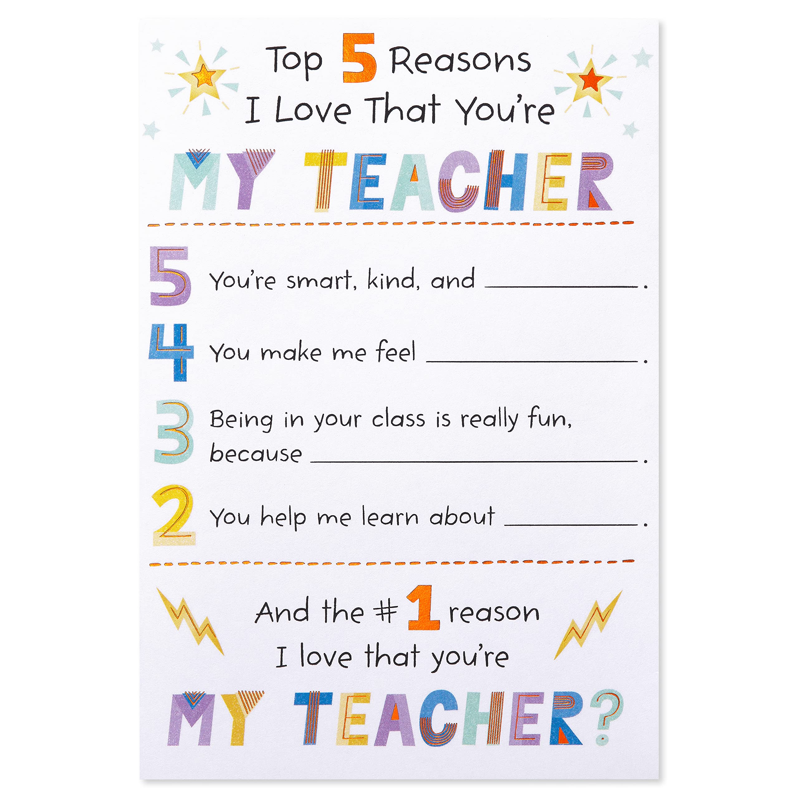 American Greetings Fill In The Blank Thank You Card for Teacher (Best Teacher Ever!) - Image 4