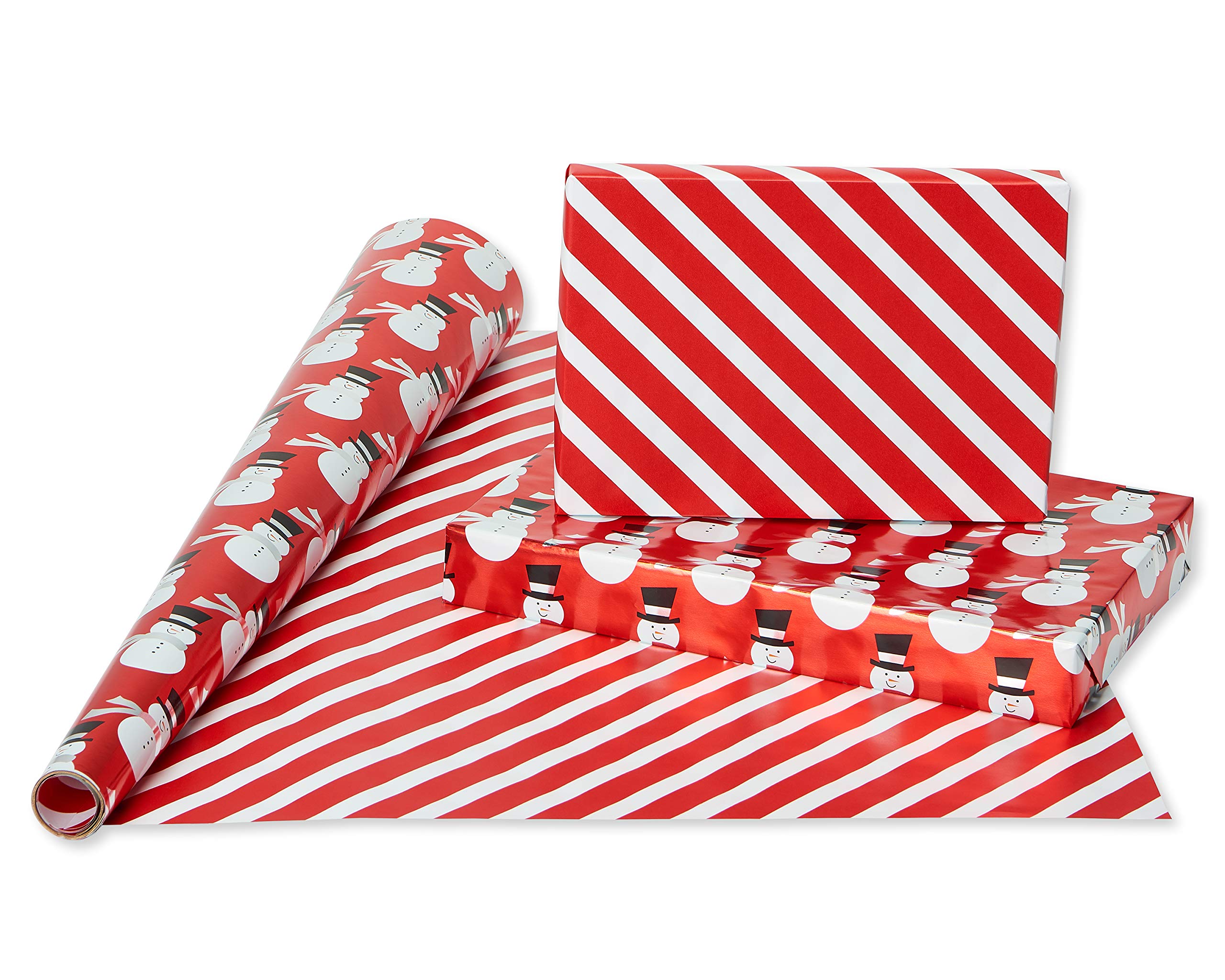 American Greetings Foil Christmas Wrapping Paper Rolls, Metallic Silver, Red, and Black, Holiday Gift Wrap (80 sq. ft., 4 Rolls-30 in. x 8 ft., Reversible) Santa's Belt, Candy Cane Stripes, Snowmen - Image 4