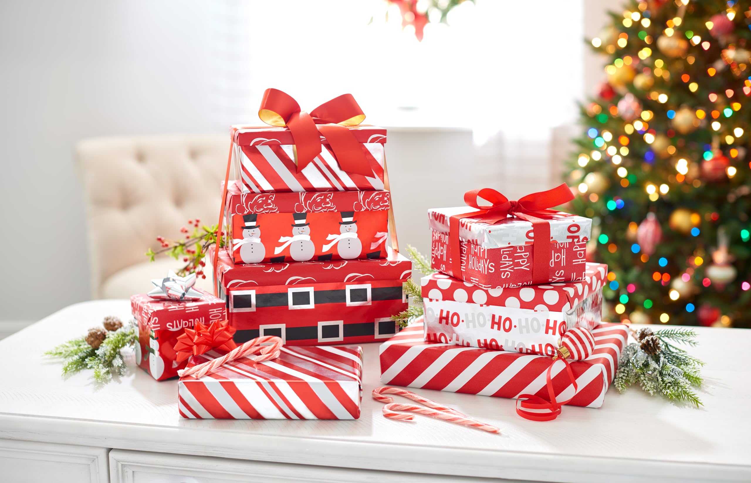 American Greetings Foil Christmas Wrapping Paper Rolls, Metallic Silver, Red, and Black, Holiday Gift Wrap (80 sq. ft., 4 Rolls-30 in. x 8 ft., Reversible) Santa's Belt, Candy Cane Stripes, Snowmen - Image 8