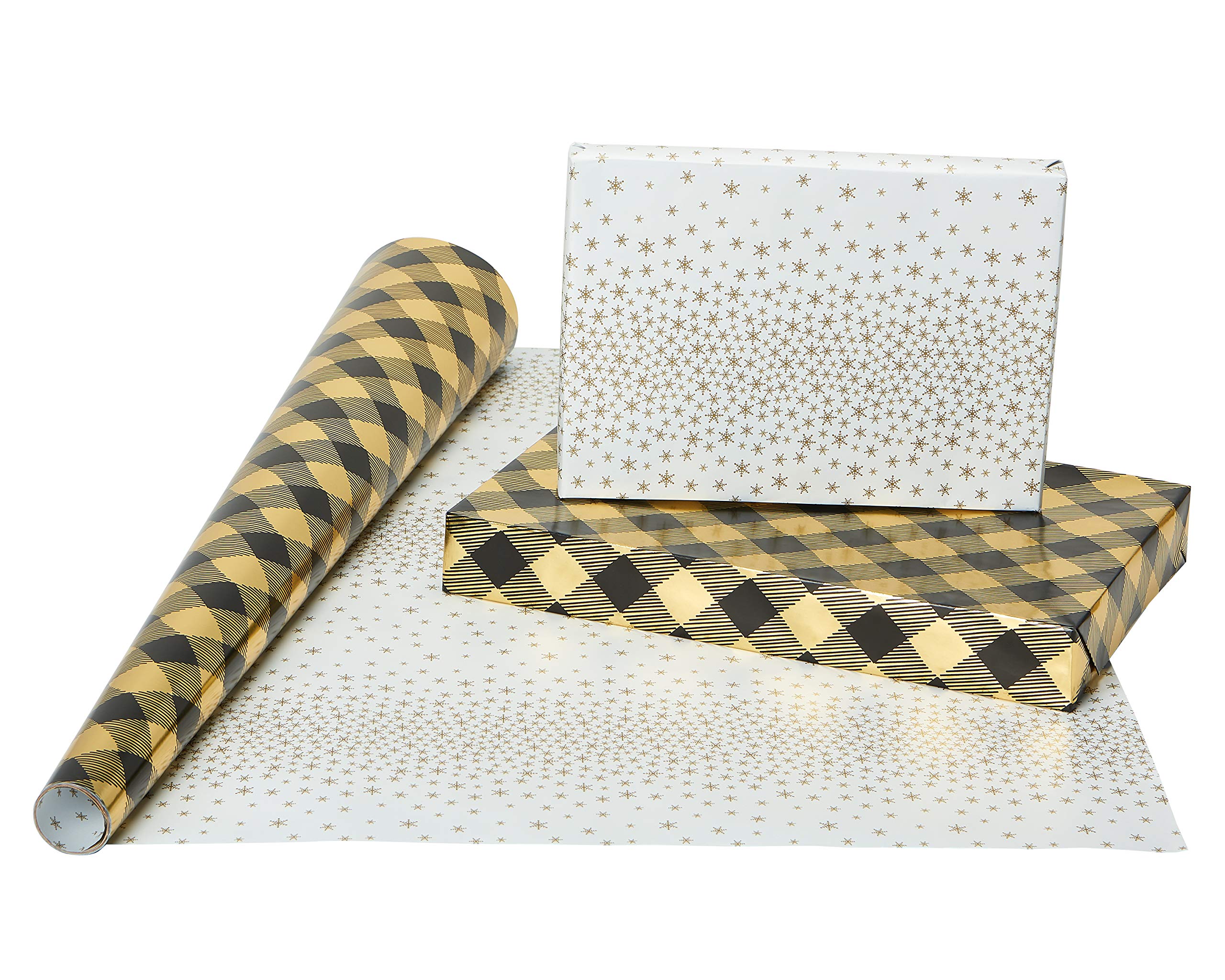 American Greetings Foil Christmas Wrapping Paper Rolls, Metallic Yellow Gold and Black Holiday Gift Wrap (80 sq. ft., 4 Rolls-30 in. x 8 ft., Reversible) Reindeer, Plaid, Deck the Halls, Trees - Image 3