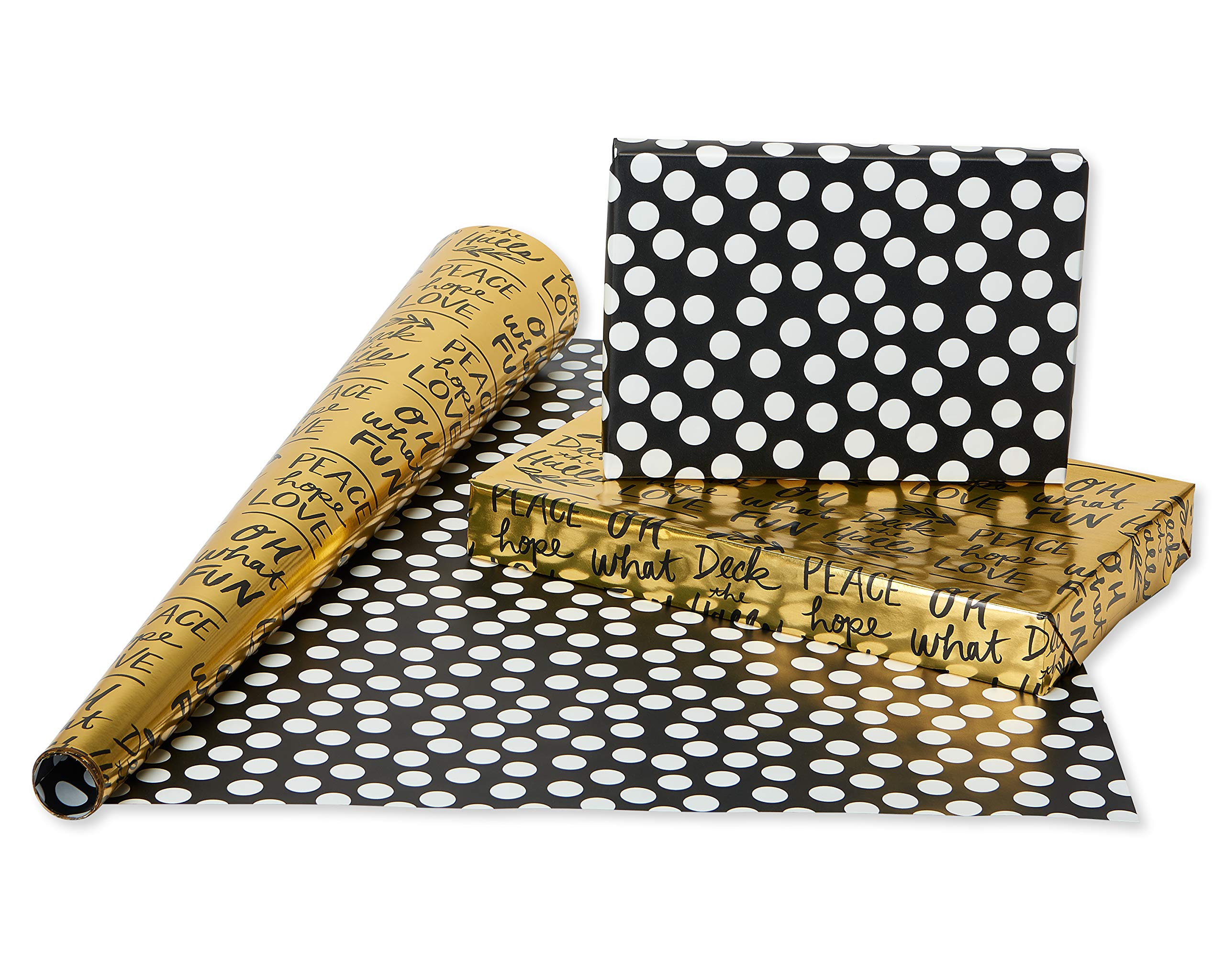 American Greetings Foil Christmas Wrapping Paper Rolls, Metallic Yellow Gold and Black Holiday Gift Wrap (80 sq. ft., 4 Rolls-30 in. x 8 ft., Reversible) Reindeer, Plaid, Deck the Halls, Trees - Image 4