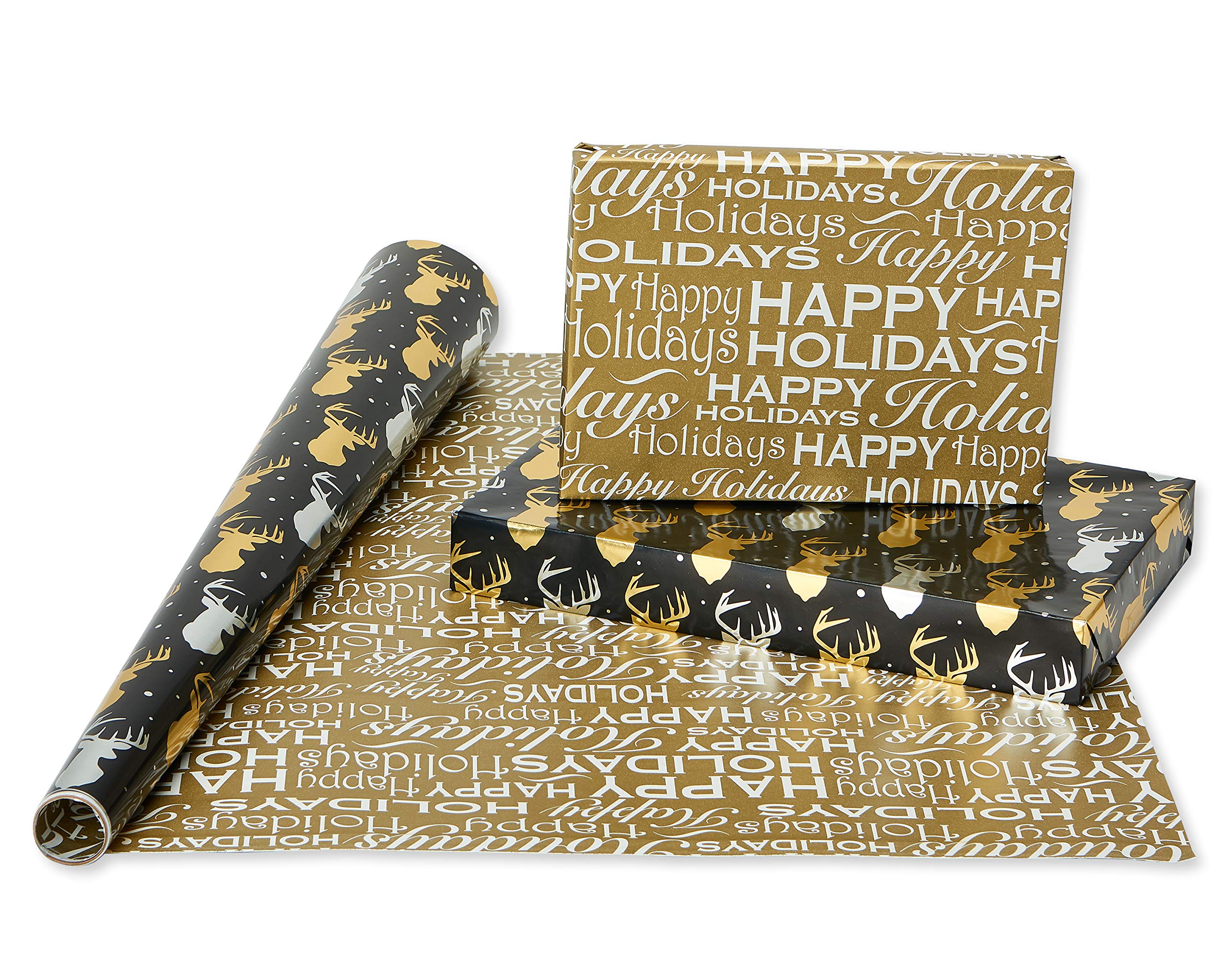 American Greetings Foil Christmas Wrapping Paper Rolls, Metallic Yellow Gold and Black Holiday Gift Wrap (80 sq. ft., 4 Rolls-30 in. x 8 ft., Reversible) Reindeer, Plaid, Deck the Halls, Trees - Image 5