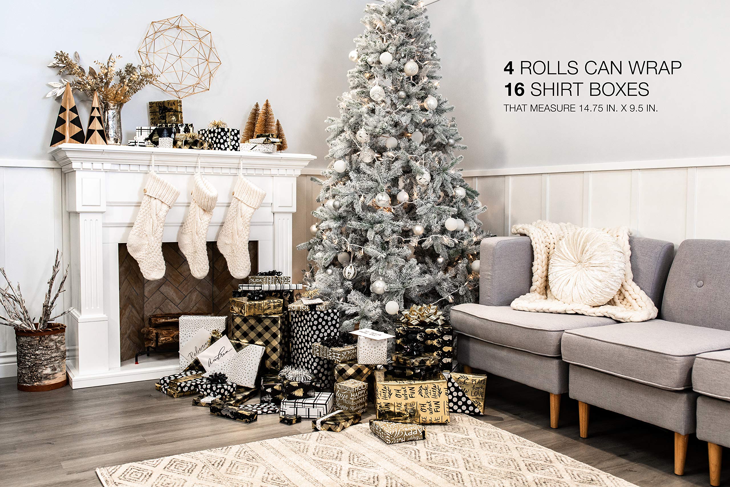 American Greetings Foil Christmas Wrapping Paper Rolls, Metallic Yellow Gold and Black Holiday Gift Wrap (80 sq. ft., 4 Rolls-30 in. x 8 ft., Reversible) Reindeer, Plaid, Deck the Halls, Trees - Image 6