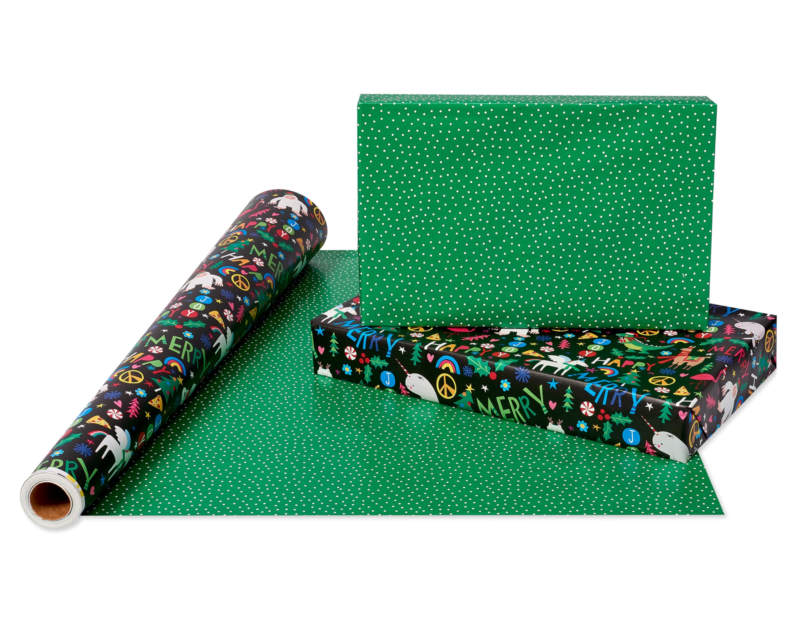 American Greetings Jumbo Kids Christmas Wrapping Paper Roll, Dinosaur, Unicorns, and Yetis Holiday Gift Wrap (175 sq. ft., 1 Extra Large Reversible Roll-30 in. x 70 ft.) Colorful, Black, Green - Image 3