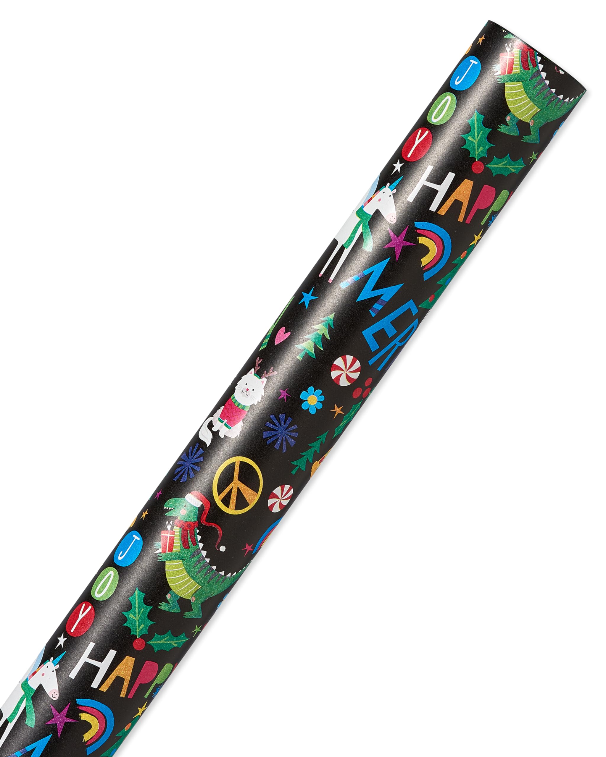 American Greetings Jumbo Kids Christmas Wrapping Paper Roll, Dinosaur, Unicorns, and Yetis Holiday Gift Wrap (175 sq. ft., 1 Extra Large Reversible Roll-30 in. x 70 ft.) Colorful, Black, Green - Image 4