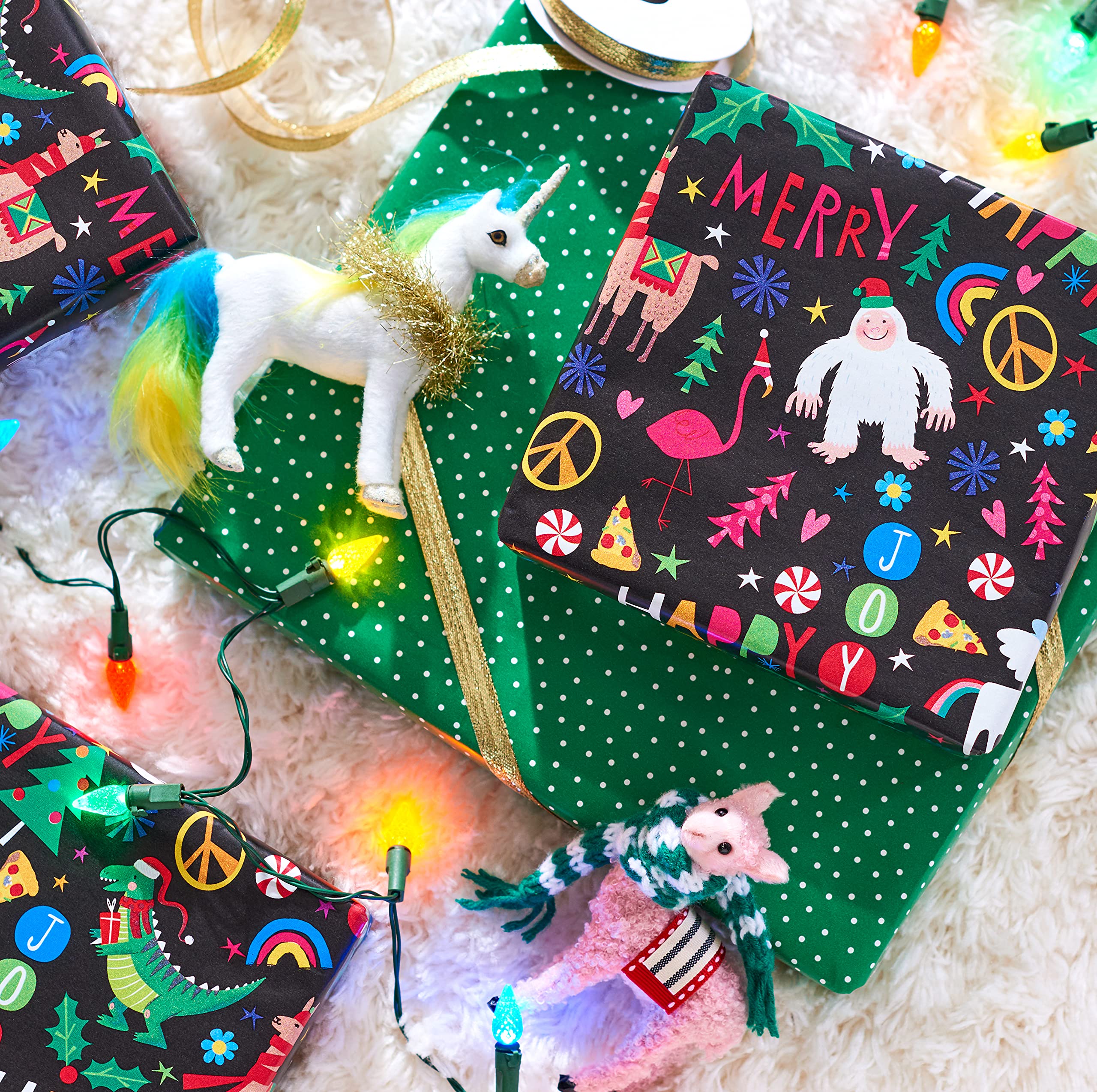 American Greetings Jumbo Kids Christmas Wrapping Paper Roll, Dinosaur, Unicorns, and Yetis Holiday Gift Wrap (175 sq. ft., 1 Extra Large Reversible Roll-30 in. x 70 ft.) Colorful, Black, Green - Image 6