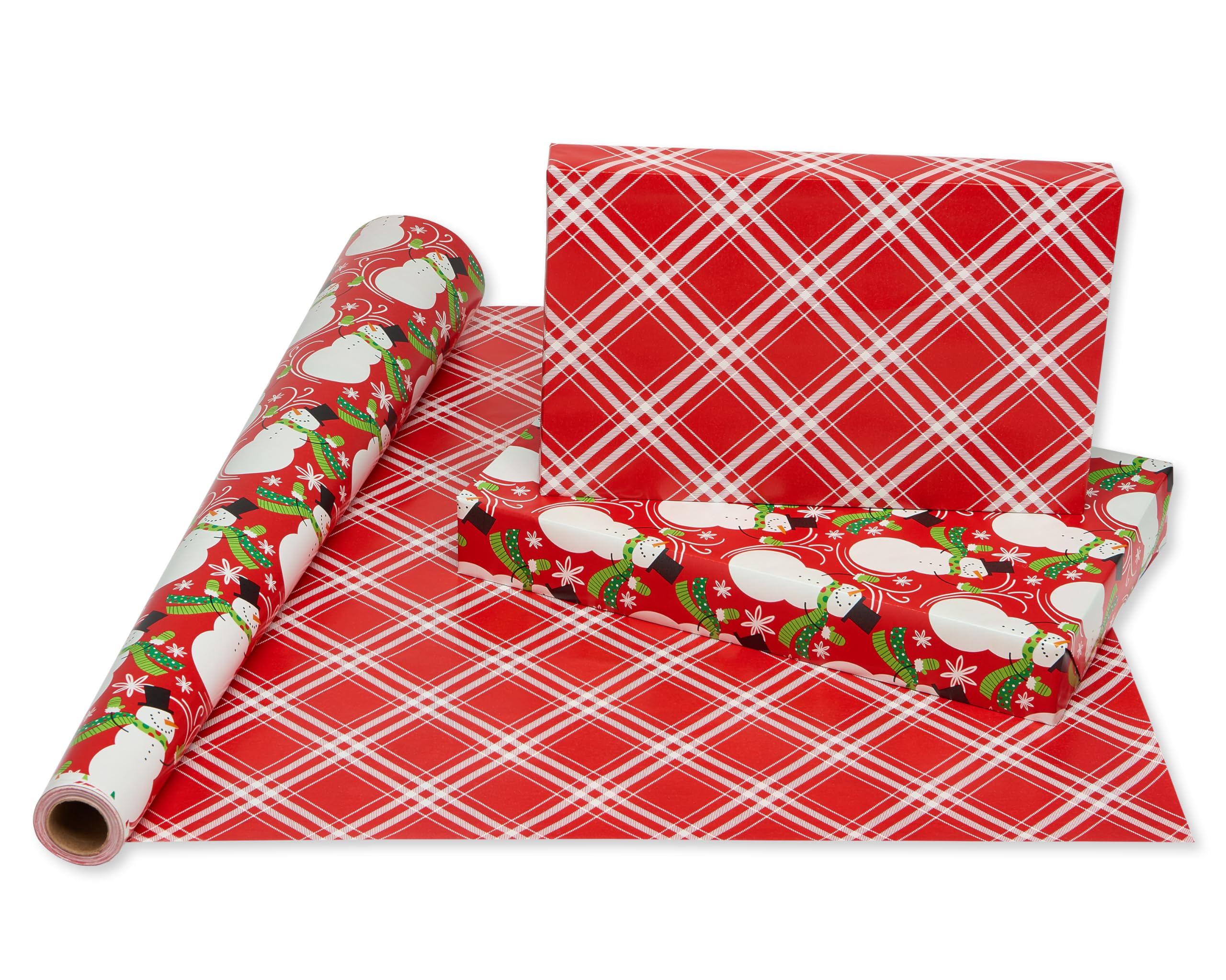American Greetings Jumbo Reversible Christmas Wrapping Paper Roll, Red and White Holiday Gift Wrap (175 sq. ft., 1 Extra Large Roll-30 in. x 70 ft.) Plaid and Snowmen - Image 3