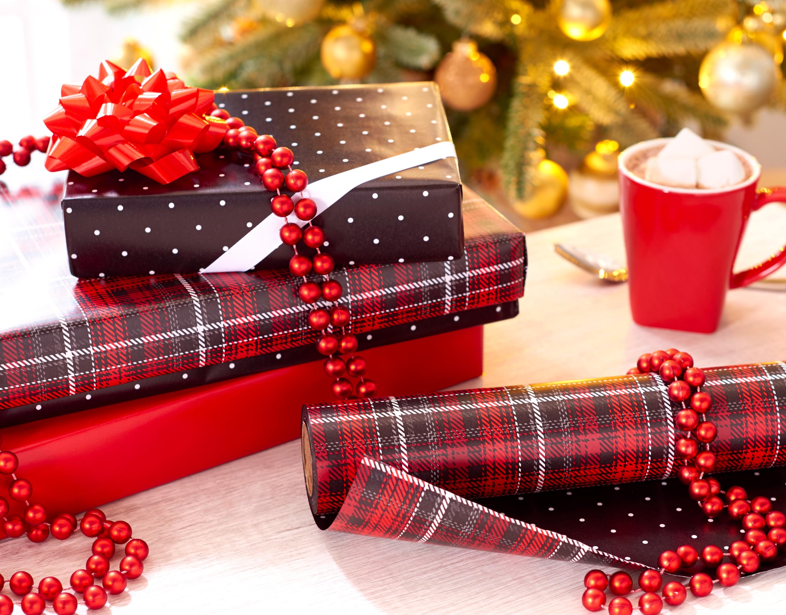 American Greetings Jumbo Reversible Wrapping Paper Roll for Christmas, Red and Black Holiday Gift Wrap (175 sq. ft., 1 Extra Large Roll-30 in. x 70 ft.) Polka Dots and Plaid - Image 6