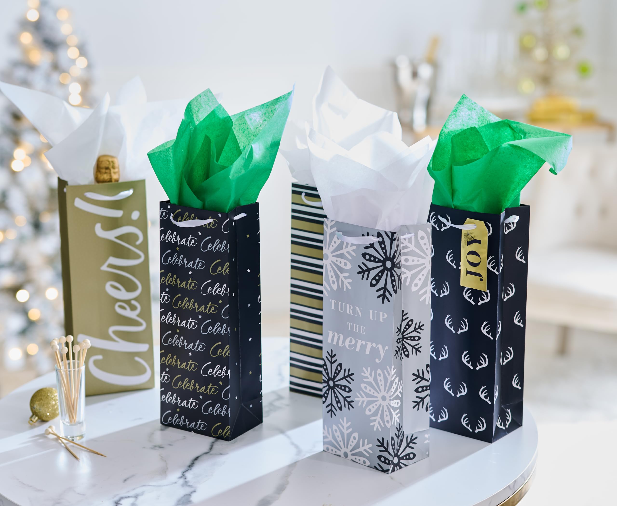 American Greetings Multi Design Wine Gift Bags, Black, Gold and Silver (5 Bags) - Image 8