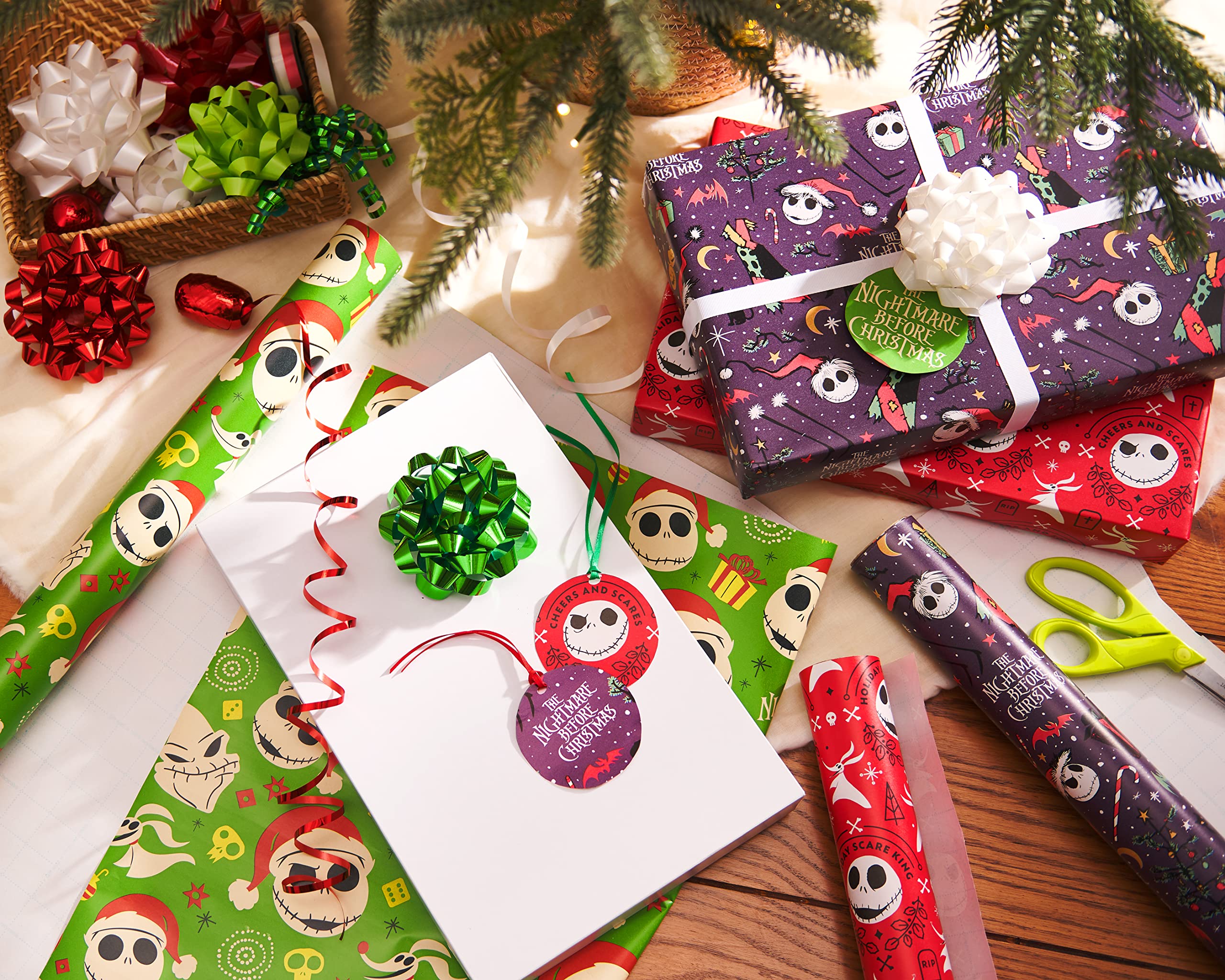 American Greetings Nightmare Before Christmas Christmas Wrapping Paper Rolls, Black and Red Holiday Gift Wrap (105 sq. ft., 3 Rolls-30 in. x 14 ft., Cut Lines) Jack Skellington, Oogie Boogie, Cosmo - Image 8