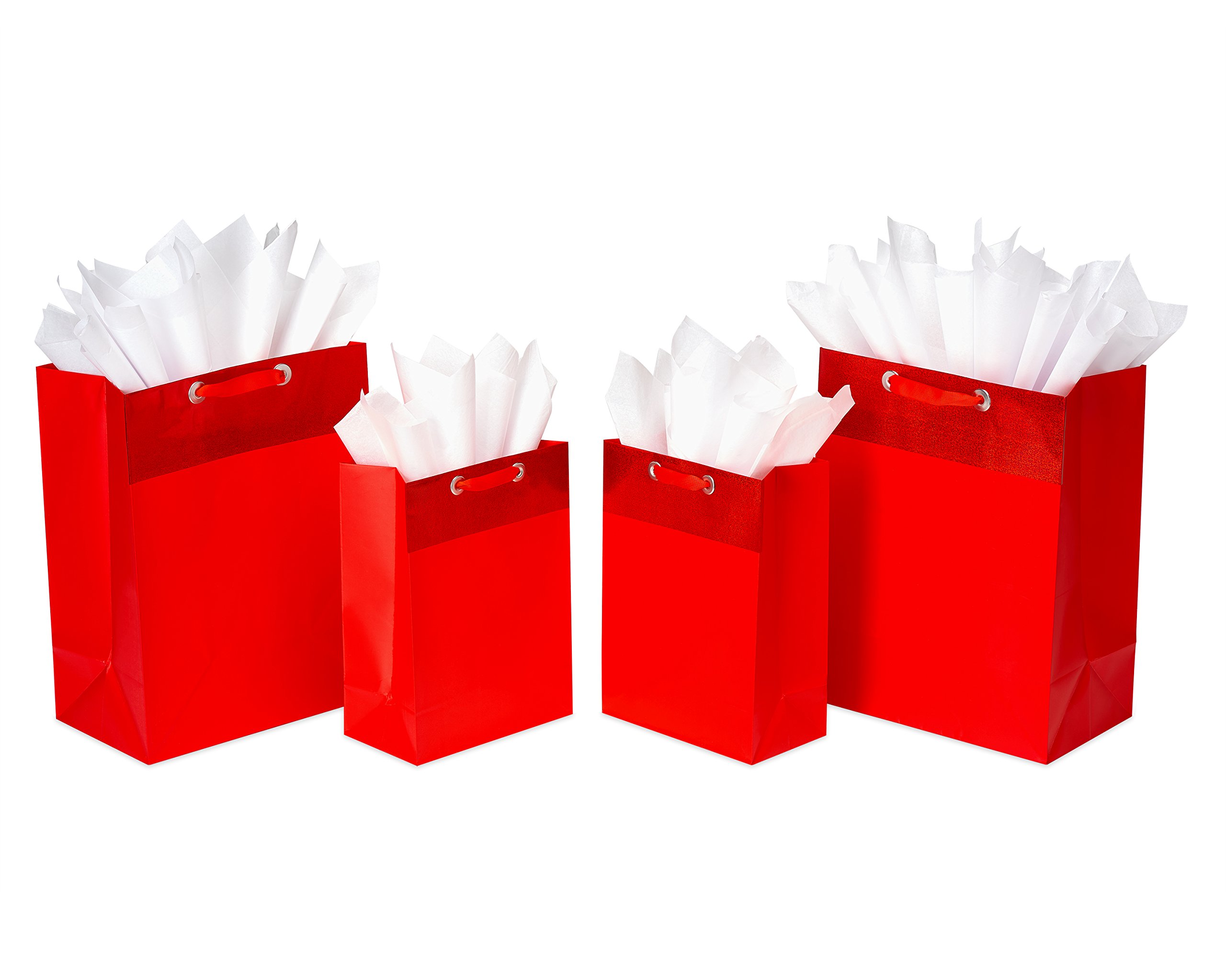 American Greetings Red Gift Bags with Tissue Paper (4 Bags, 2 Large 13", 2 Medium 10" Bag, 15-Sheets)