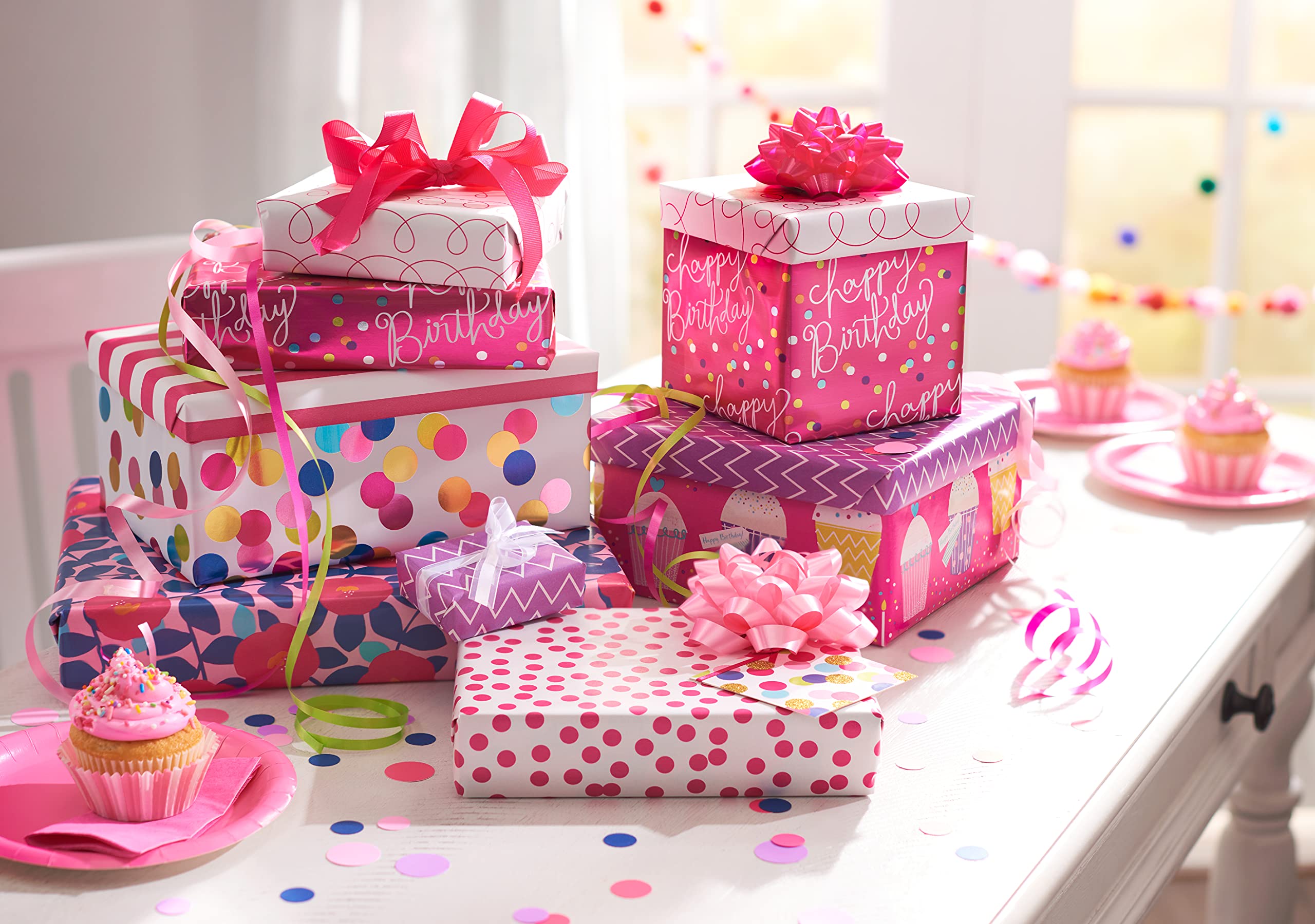 American Greetings Reversible Birthday Wrapping Paper, Floral, Cupcakes, and Polka Dots (4 Rolls, 120 sq. ft) - Image 11
