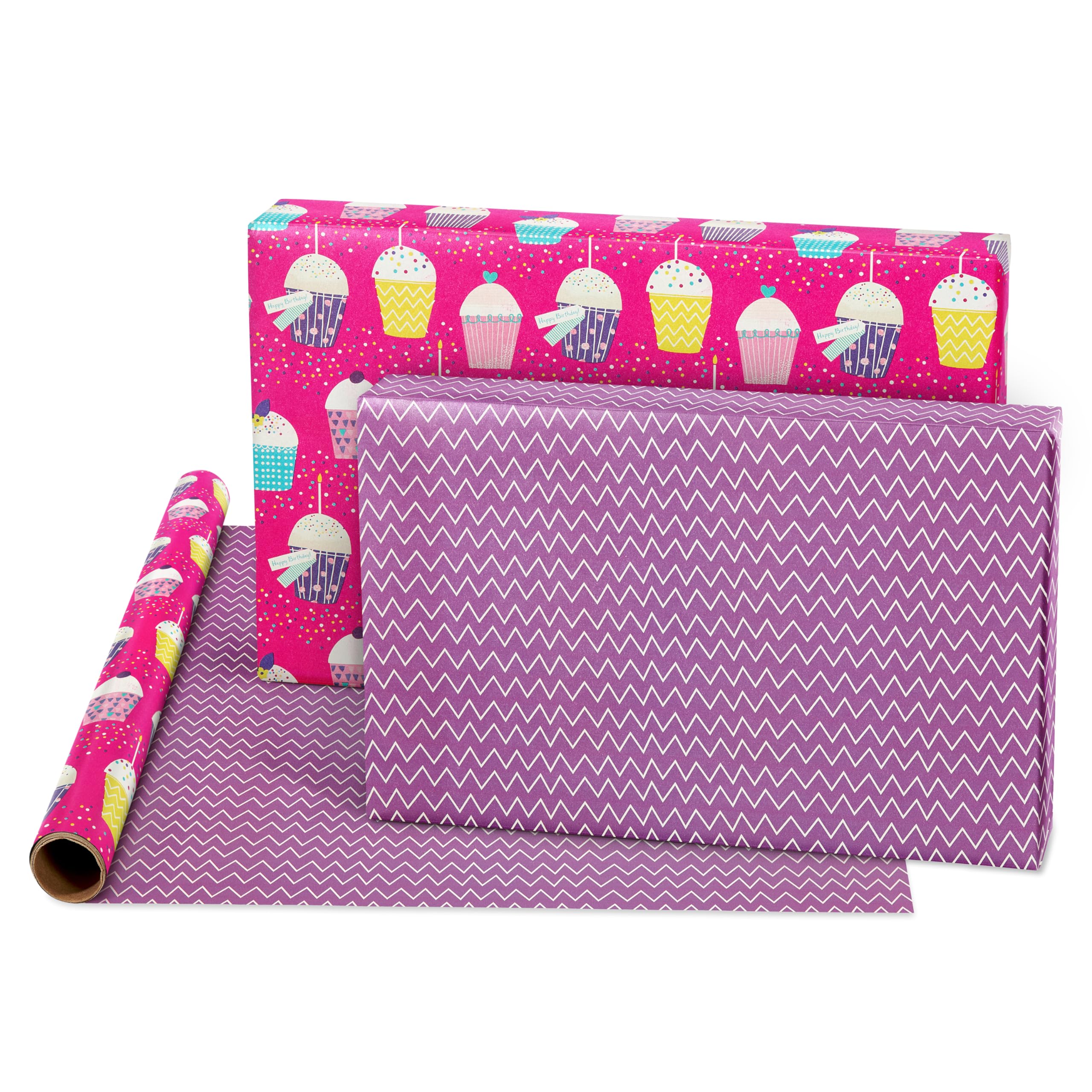 American Greetings Reversible Birthday Wrapping Paper, Floral, Cupcakes, and Polka Dots (4 Rolls, 120 sq. ft) - Image 4