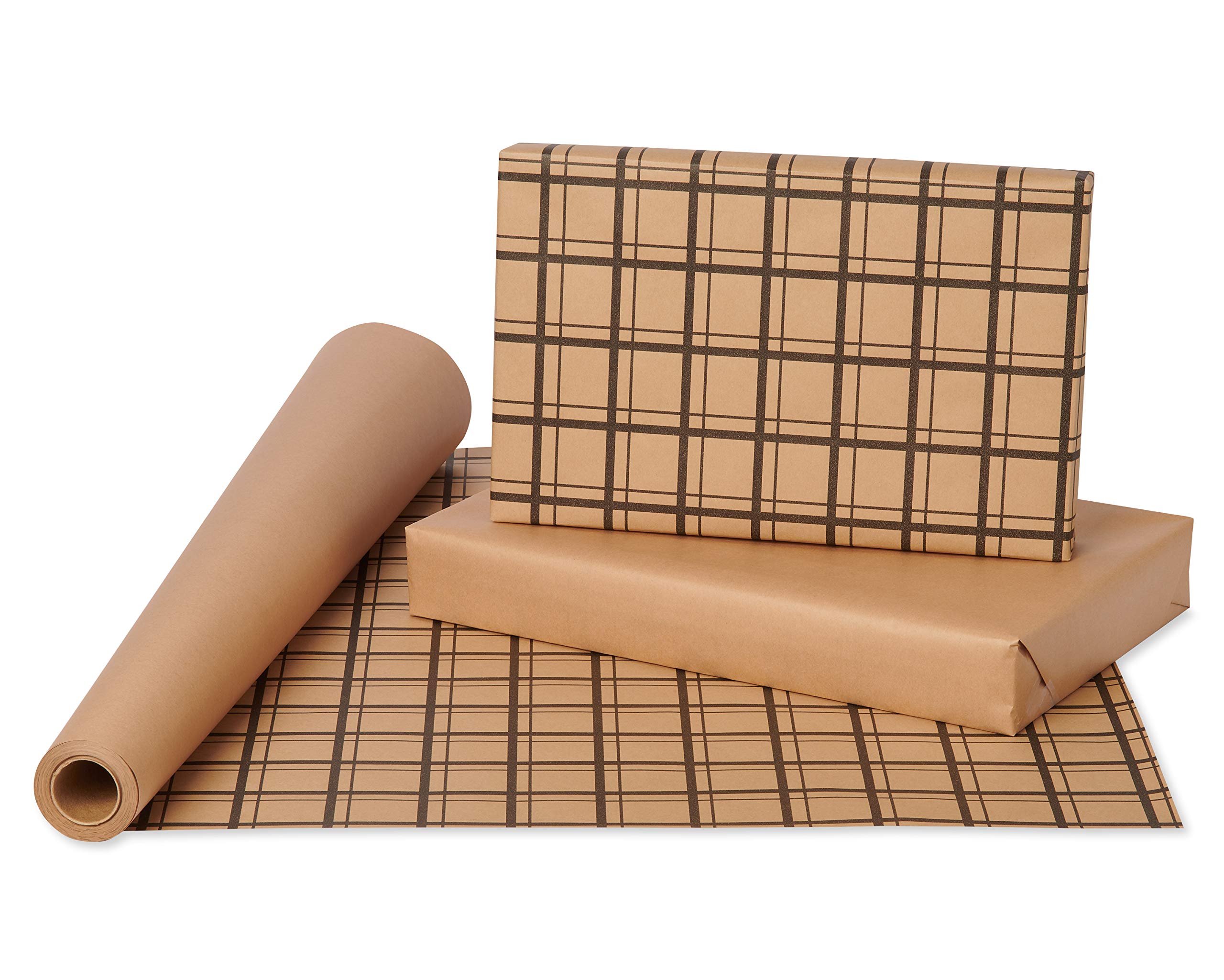 American Greetings Reversible Brown Wrapping Paper for All Occasions, Kraft Paper and Plaid (1 Jumbo Roll, 175 sq. ft.) - Image 2