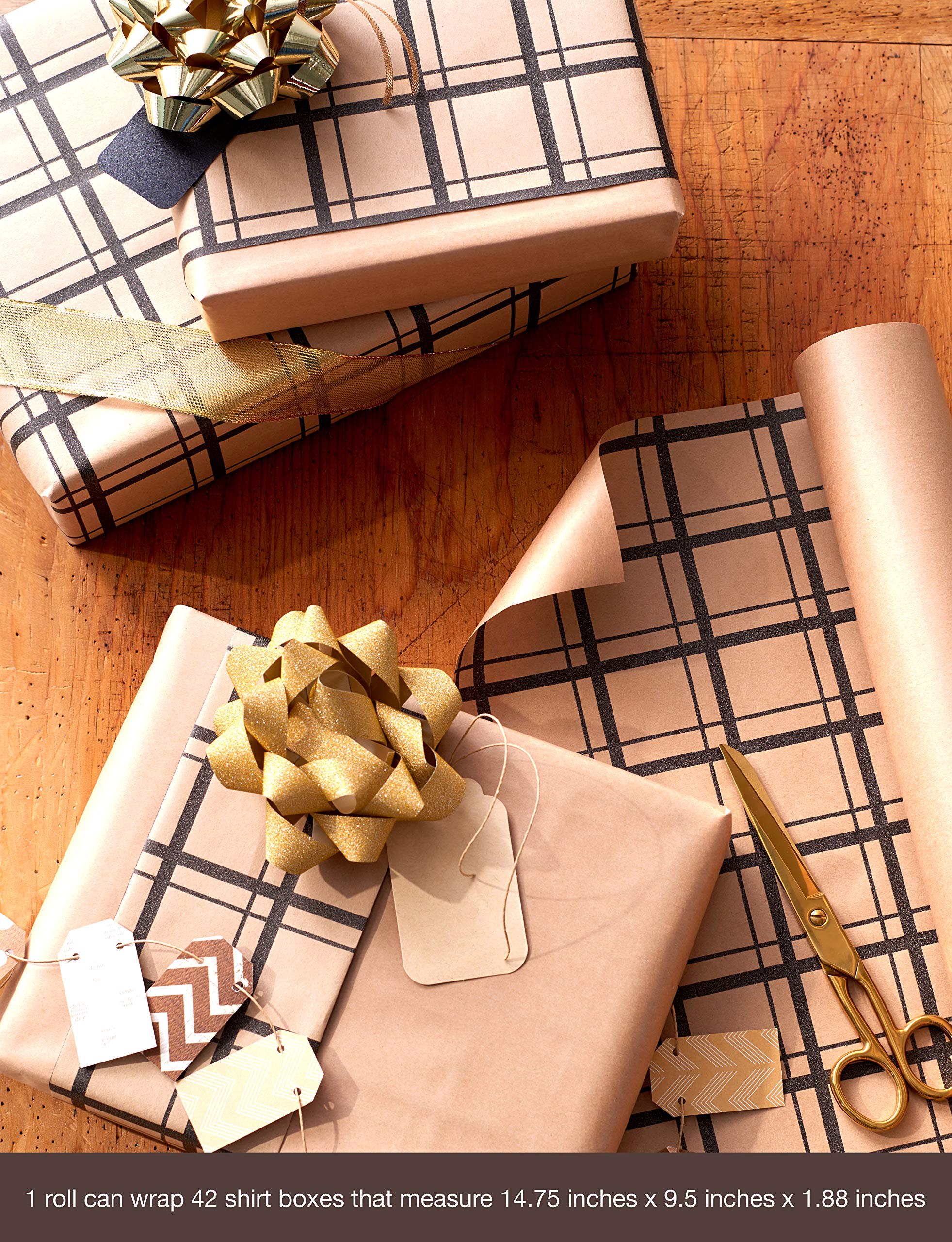 American Greetings Reversible Brown Wrapping Paper for All Occasions, Kraft Paper and Plaid (1 Jumbo Roll, 175 sq. ft.) - Image 5