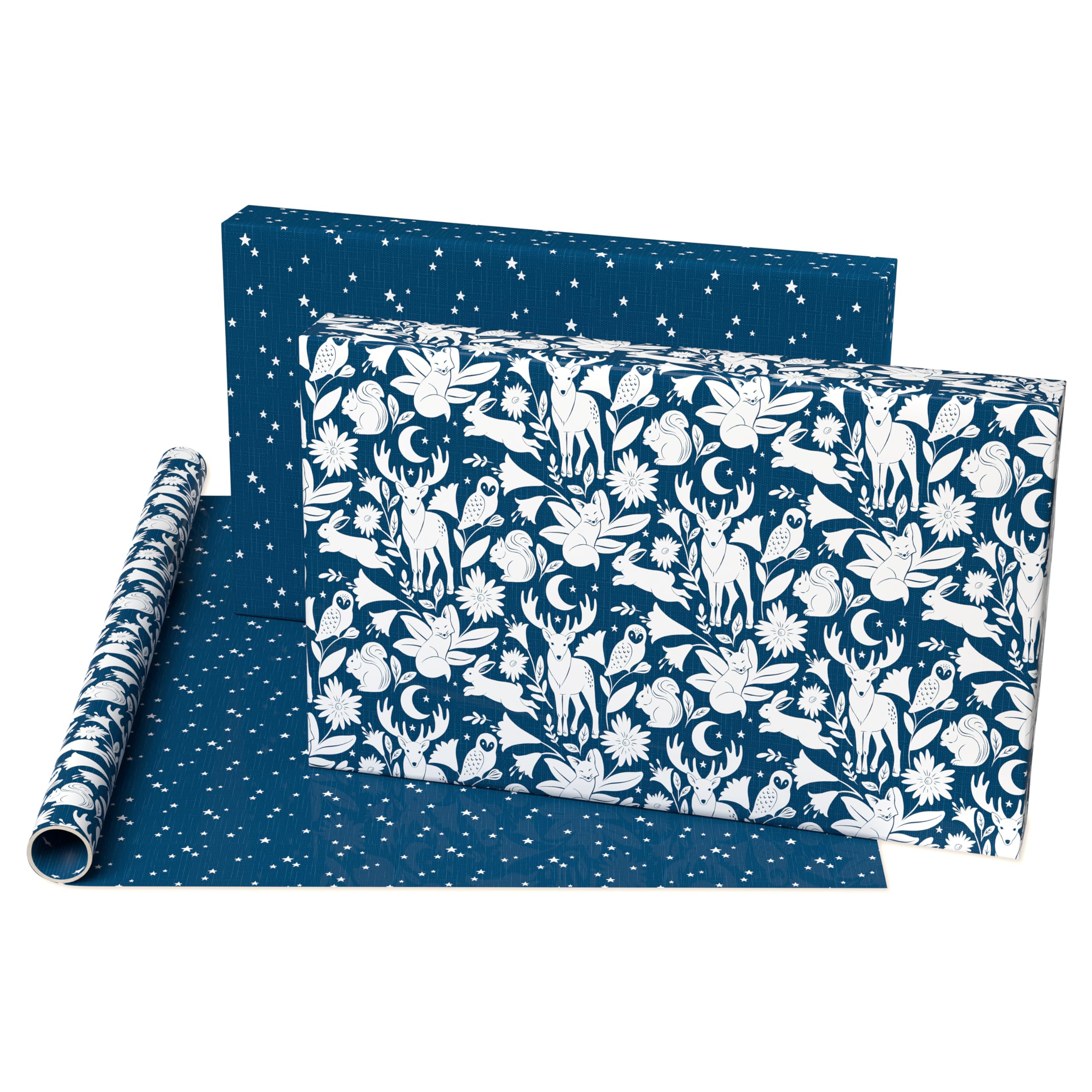 American Greetings Reversible Christmas Wrapping Paper Roll, Woodland Animals Holiday Gift Wrap (60 sq. ft., 1 Standard Roll) Navy Blue and White - Image 3