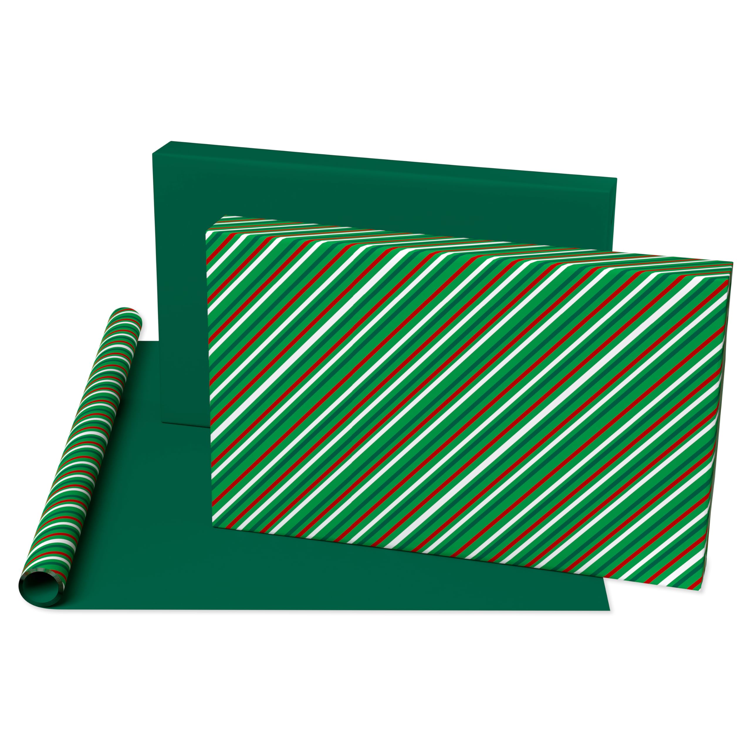 American Greetings Reversible Christmas Wrapping Paper Roll, Red, White and Green Holiday Gift Wrap (60 sq. ft., 1 Standard Roll Wrap-30 in. x 24 ft.) Stripes and Solid Green - Image 3