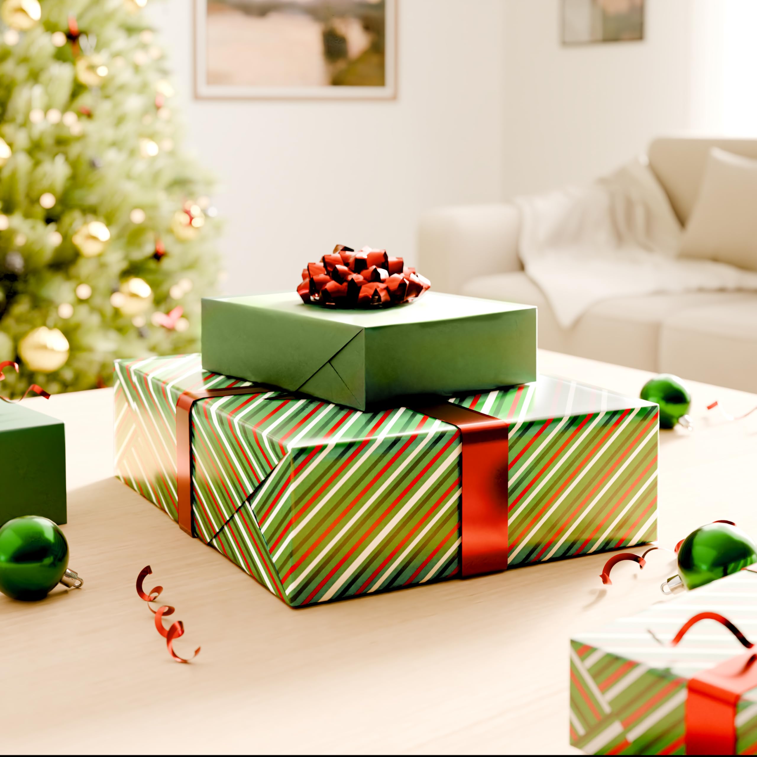 American Greetings Reversible Christmas Wrapping Paper Roll, Red, White and Green Holiday Gift Wrap (60 sq. ft., 1 Standard Roll Wrap-30 in. x 24 ft.) Stripes and Solid Green - Image 6