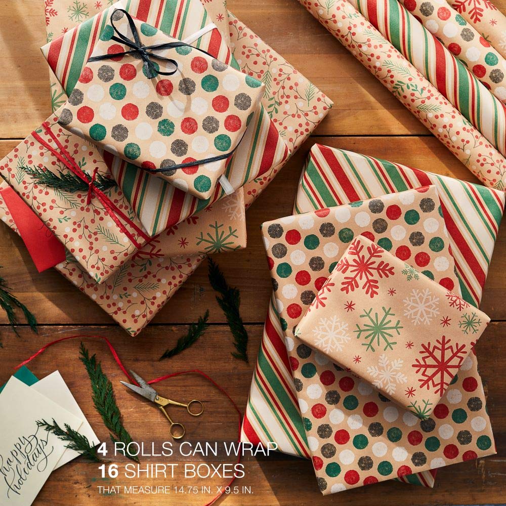 American Greetings Vintage Kraft Christmas Wrapping Paper Rolls, Red, Green and Brown Kraft Holiday Gift Wrap (80 sq. ft., 4 Rolls-30 in. x 8 ft.) Holly Berries, Stripes, Dots, Snowflakes - Image 6